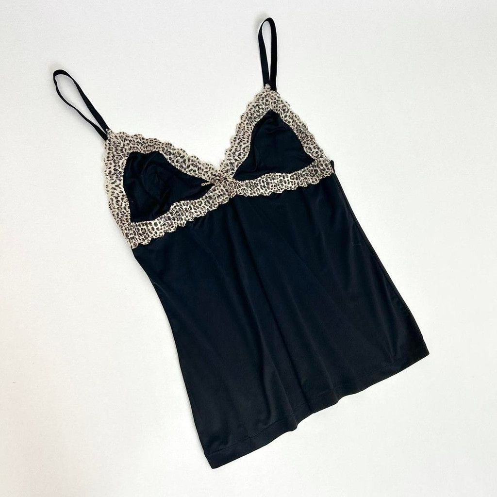 Just Cavalli y2k Cavalli black tank top with lace leopard print trim Size L / US 10 / IT 46 - 1 Thumbnail