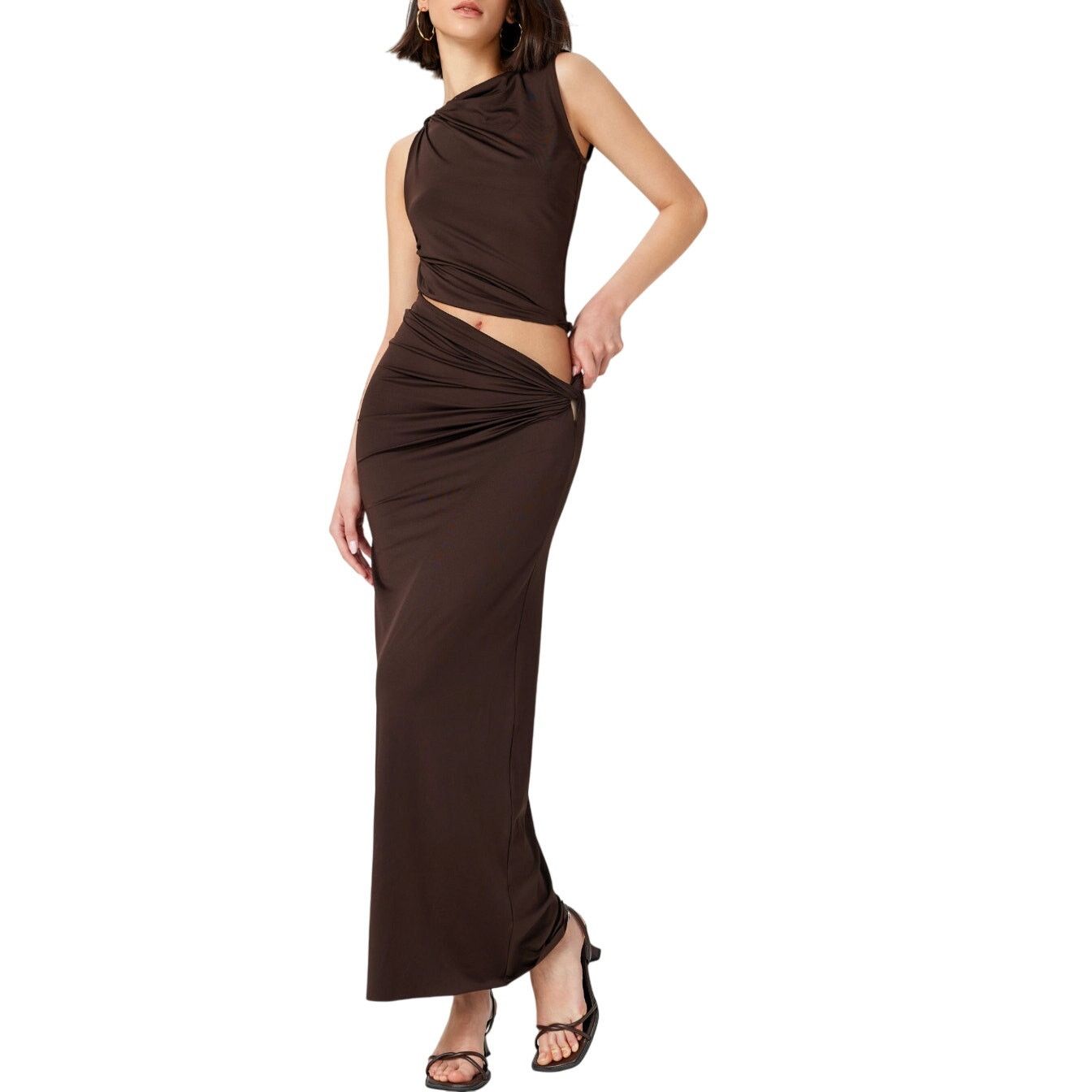 Other Commense Brown Knotted Ruched Crop Tank Top Maxi Skirt Set Size 30" / US 8 / IT 44 - 2 Thumbnail