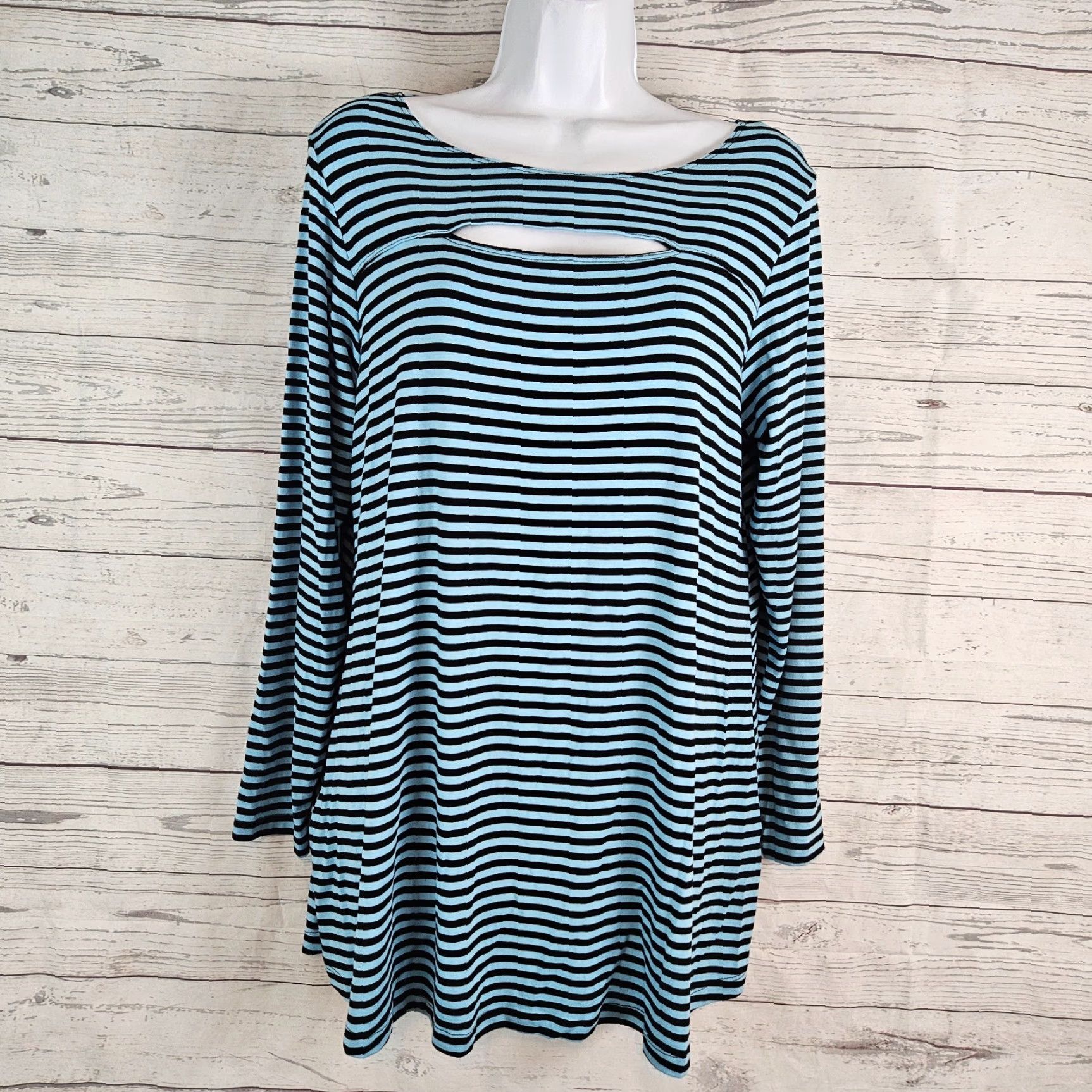 Vintage Comfy USA Womens Top Blouse Striped Long Sleeve Size M Blue Black 90s? (adjust to 90s not in original) Size M / US 6-8 / IT 42-44 - 2 Thumbnail