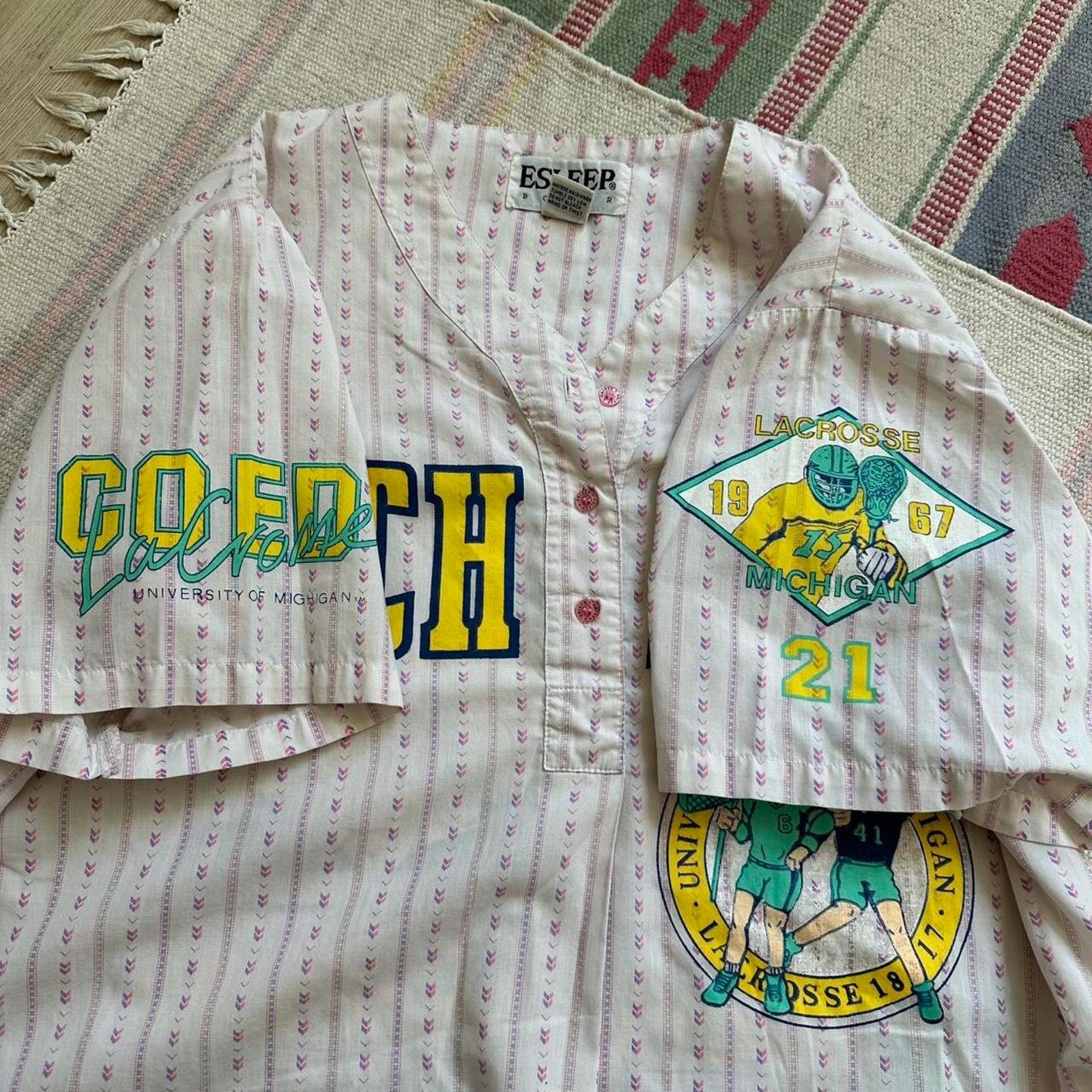 Vintage Rare Vintage 80s UofM Michigan Lacrosse Stripped Top Jersey Size US L / EU 52-54 / 3 - 7 Thumbnail