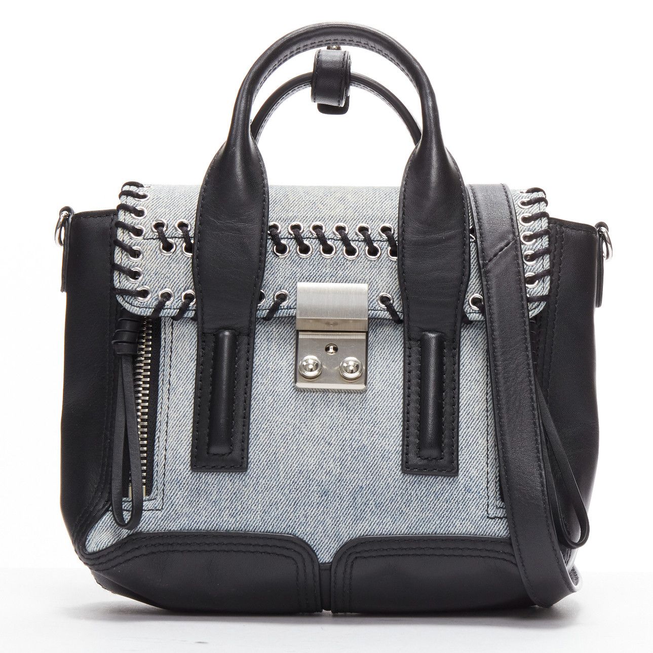 3.1 Phillip Lim 3.1 PHILLIP LIM Pashli washed blue denim whipstitch black leather mini crossbody bag Size ONE SIZE - 1 Thumbnail