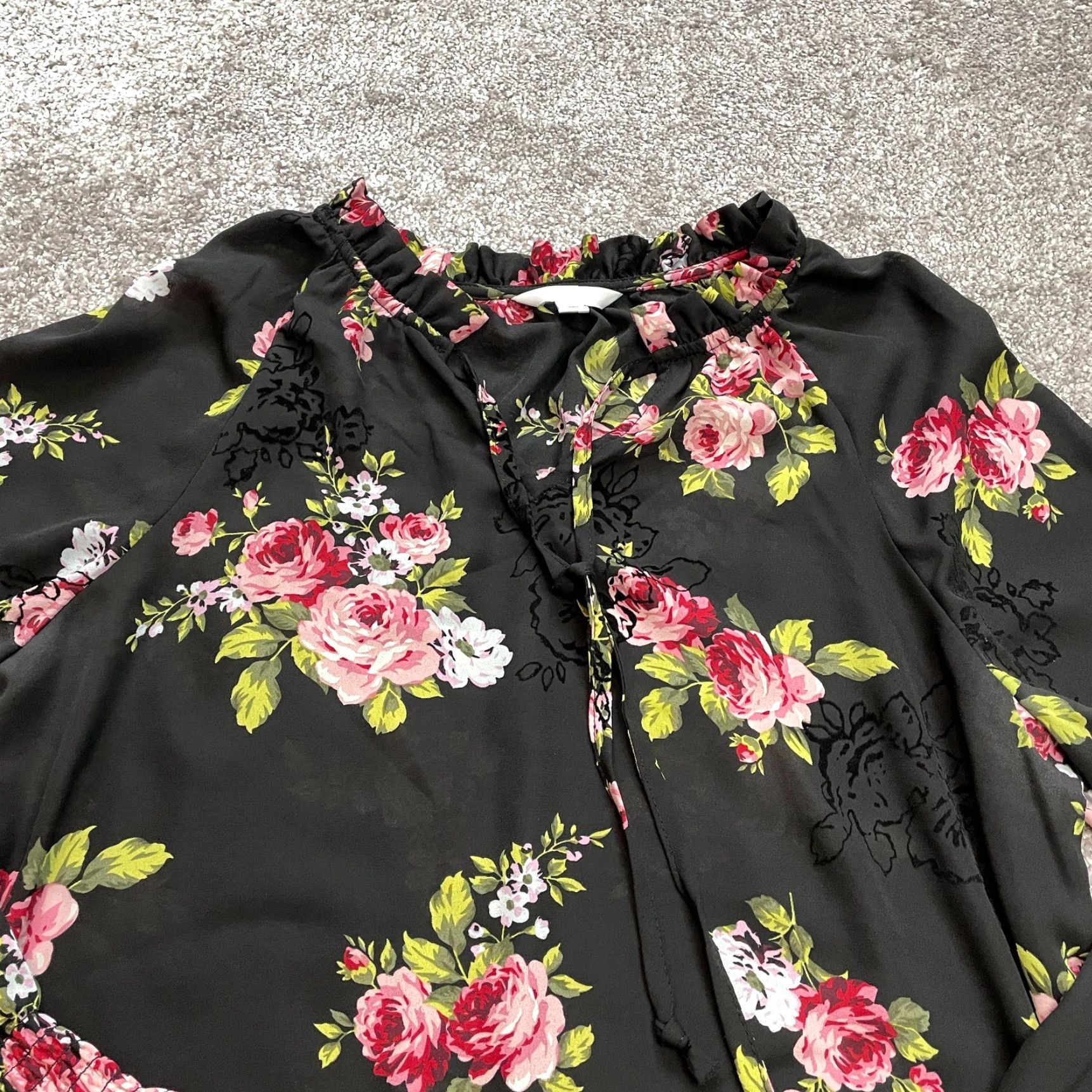 Vintage Time & True Blouse Shirt Womens Medium 8-10 Black Floral Long Sleeve Stretch Top Size M / US 6-8 / IT 42-44 - 5 Thumbnail