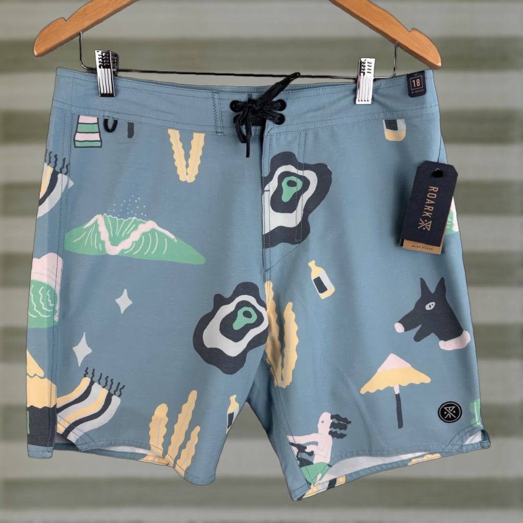 Roark Roark Board Shorts Mens 31 Dusty Blue Passage Viaje Swim Trunks 18" Outseam Blue Geometric Pattern Beach Tropical 90s Cat Beach Mens Size US 31 - 1 Thumbnail