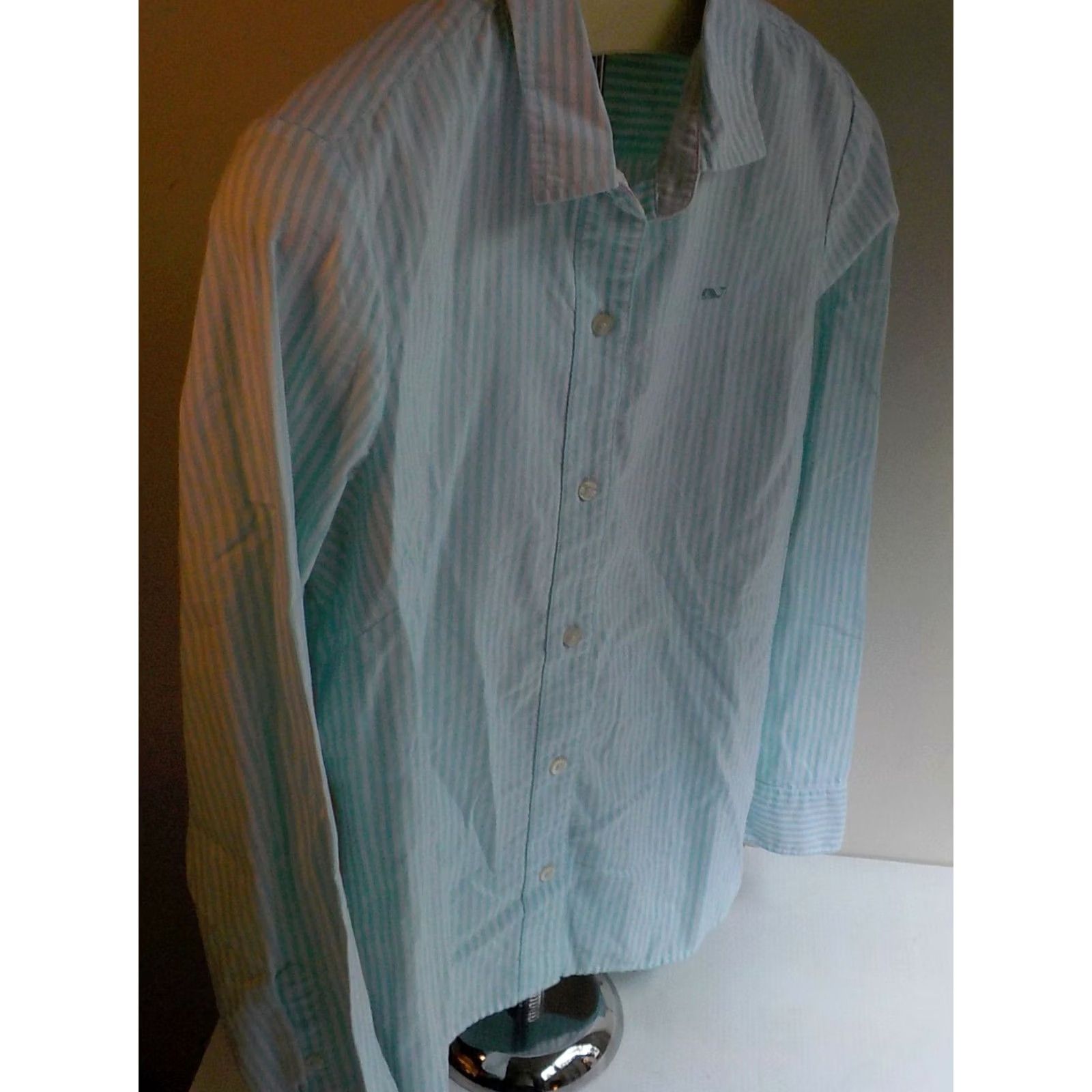 Vineyard Vines VINEYARD VINES Blouse Striped Long Sleeve Collared Teal White 100% Cotton SZ 8 Womens Size M / US 6-8 / IT 42-44 - 3 Thumbnail