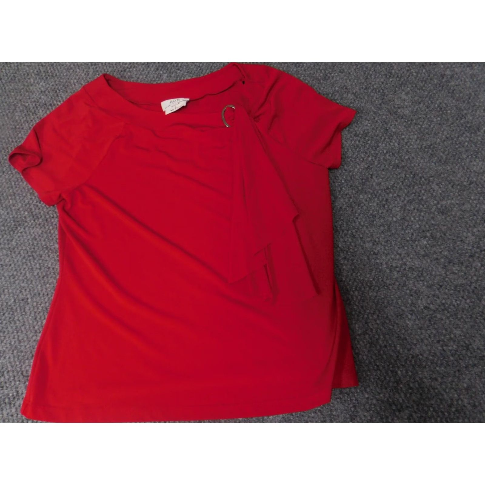 Vintage AGB Blouse Shirt Womens Regular L Red Pullover Short Sleeve Round Neck Stretch Ruffle Polyester Rayon Casual Vintage: No Size L / US 10 / IT 46 - 3 Thumbnail