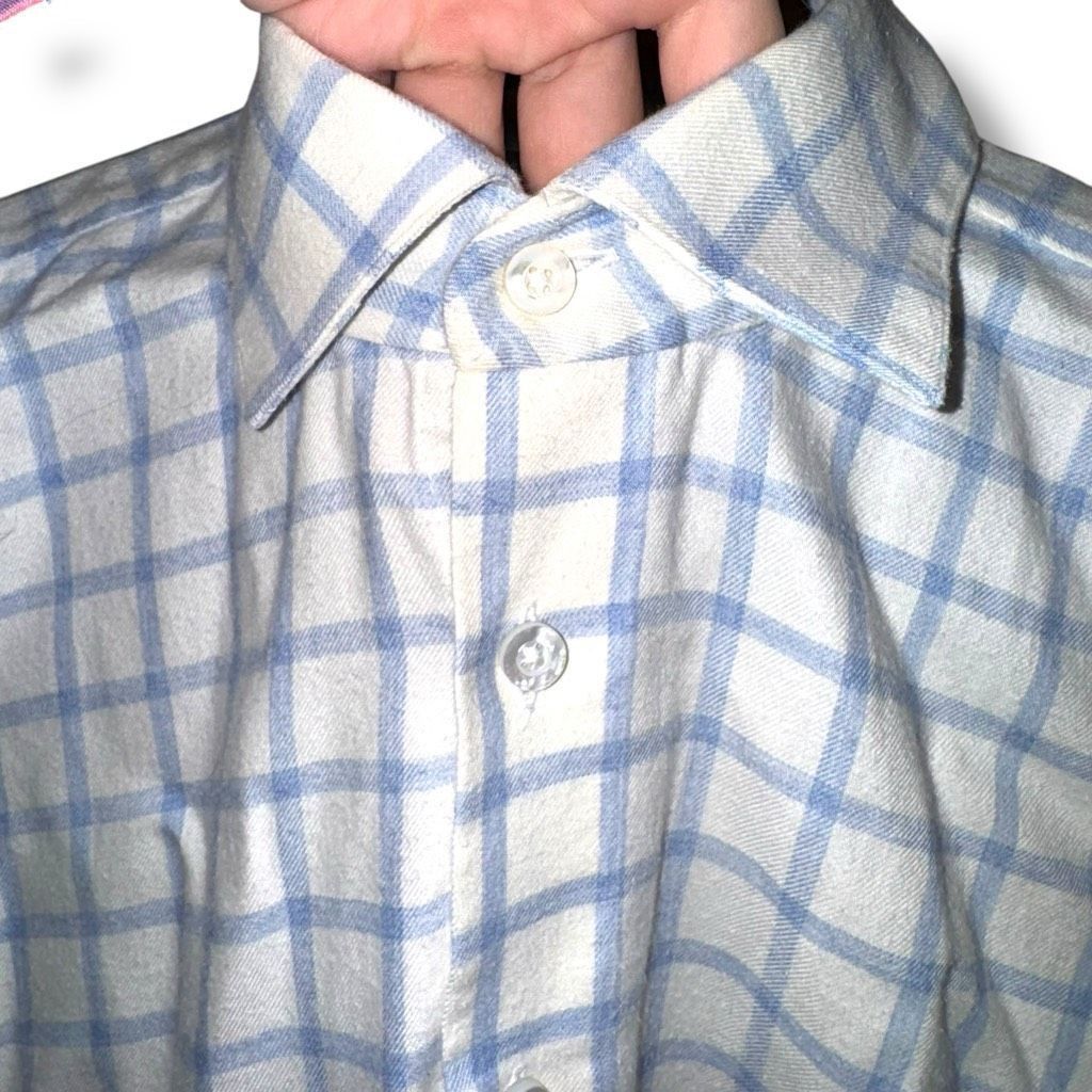 Oxxford Clothes Oxxford Clothes White & Blue Check Flannel Button Down Shirt Size US L / EU 52-54 / 3 - 3 Thumbnail