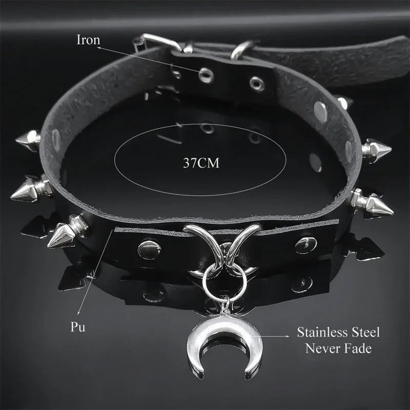 Jewelry Punk Crescent Moon Pendant Pu Leather Necklace Size ONE SIZE - 6 Thumbnail