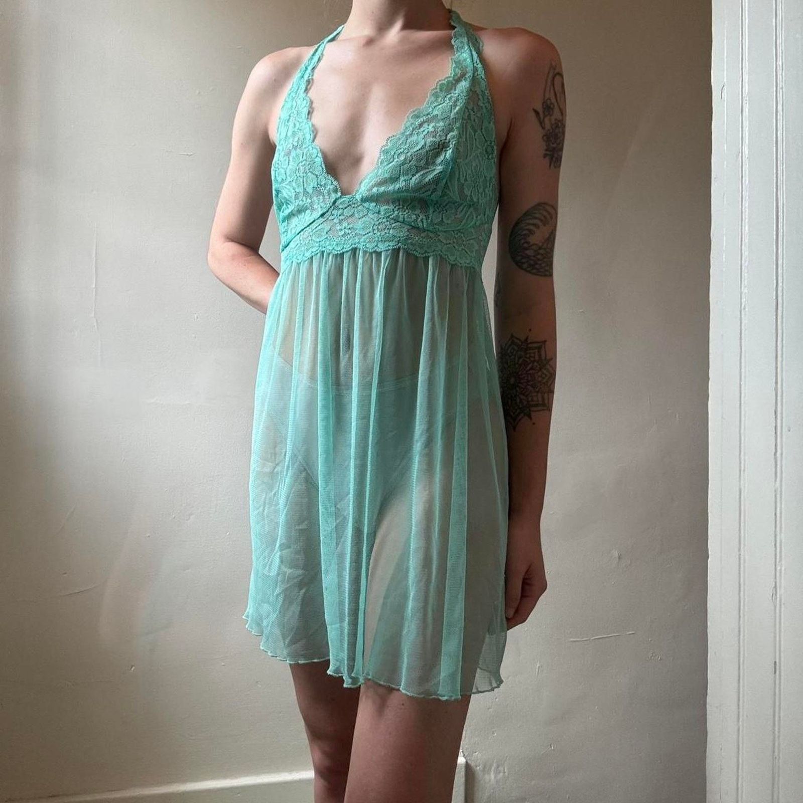 Other Aquamarine Lace Sheer Lingerie Halter Nightie Sexy Fairycore Size ONE SIZE - 1 Thumbnail