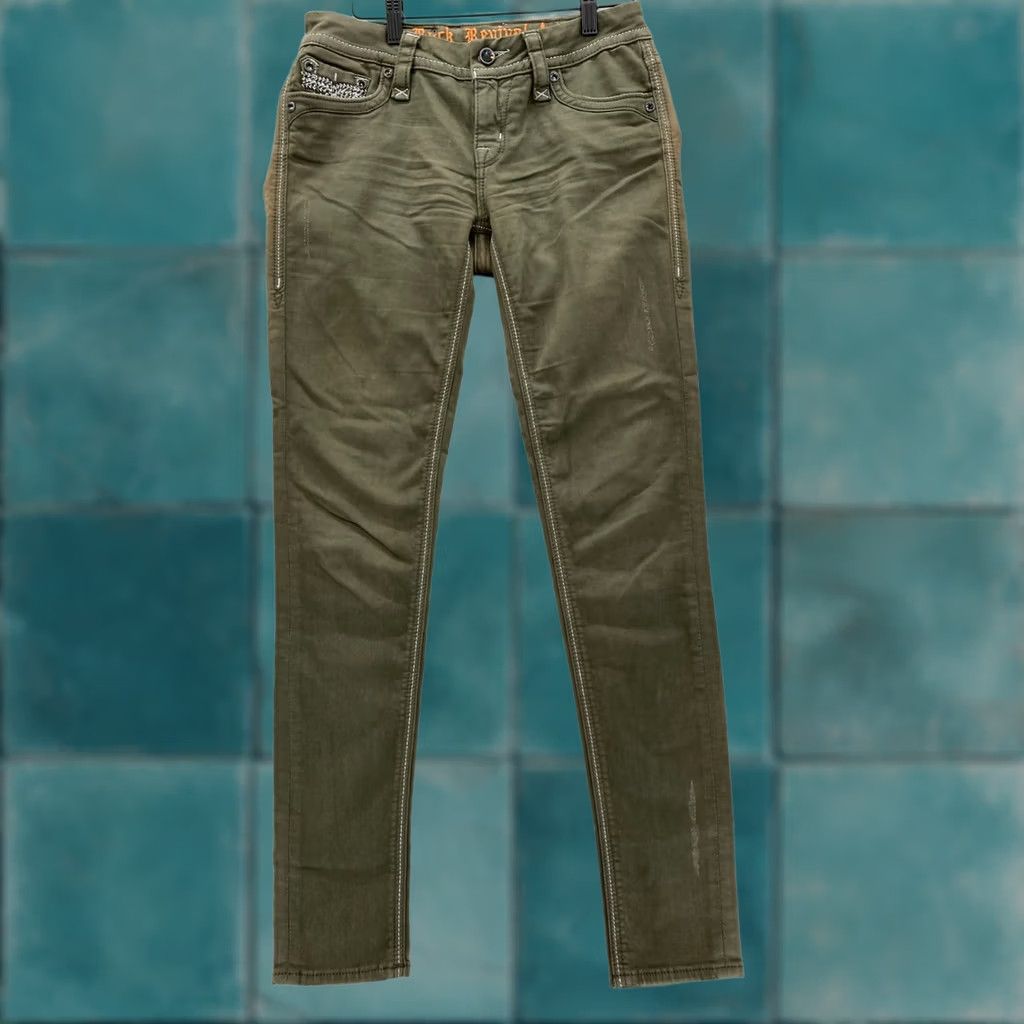 Vintage Rock Revival Margie Skinny Pants Women's 27 Green Stretch Embroidered Studded Size 30" / US 8 / IT 44 - 1 Thumbnail
