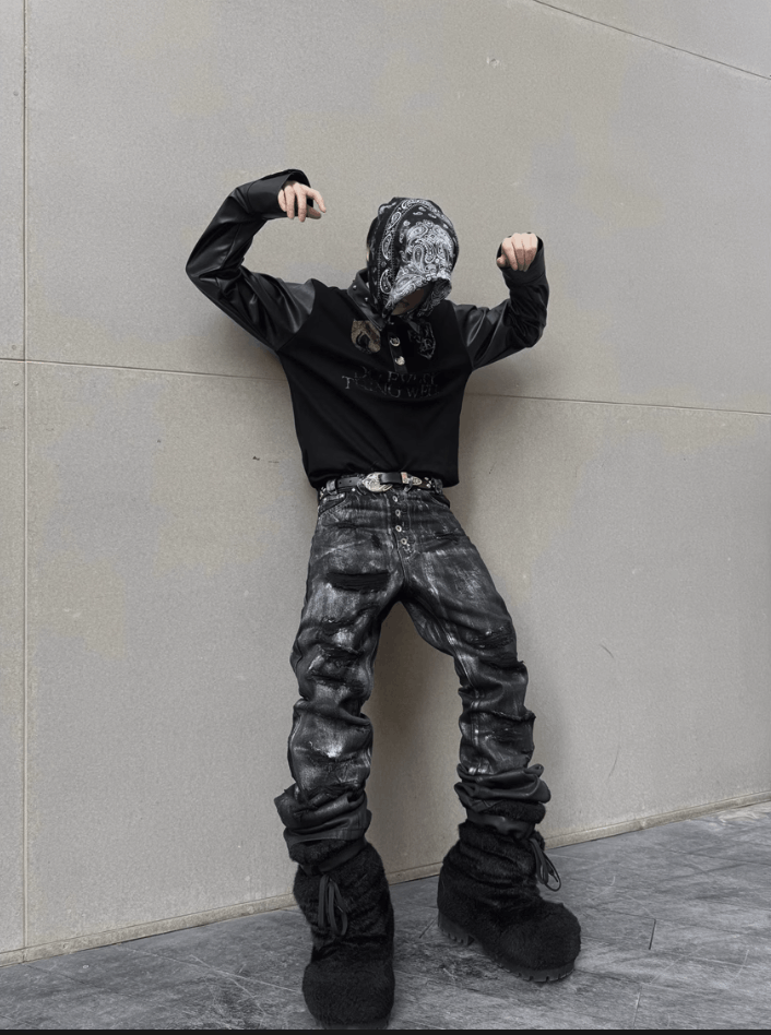 Other Y2K Black Destruction Brush Silver Heavy Work Wide Leg jeans Size US 34 / EU 50 - 5 Thumbnail