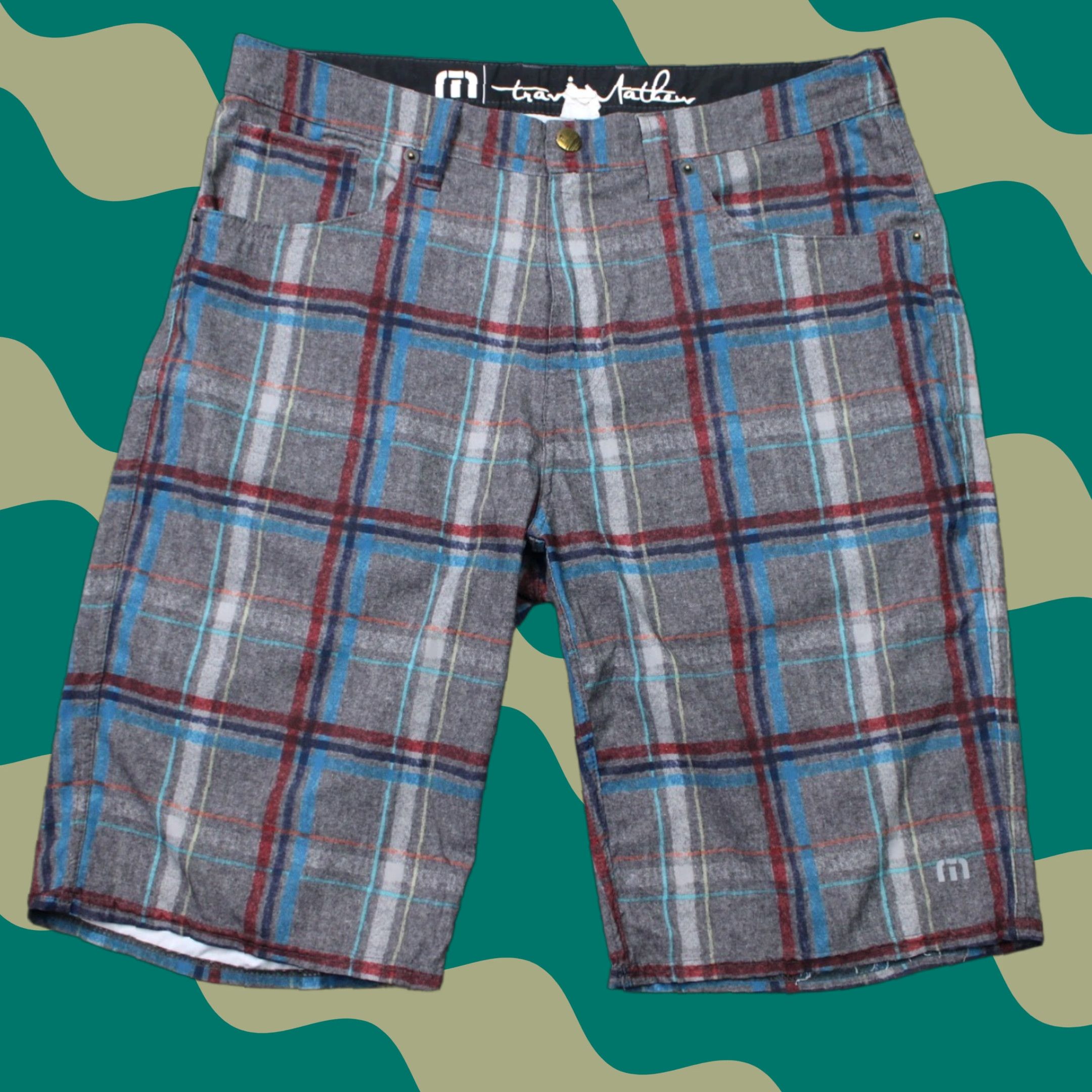 TravisMathew Travis Mathew Shorts Mens 32 Gray/Red/Blue Check Polyester Stretch Athletic Size US 32 / EU 48 - 1 Thumbnail