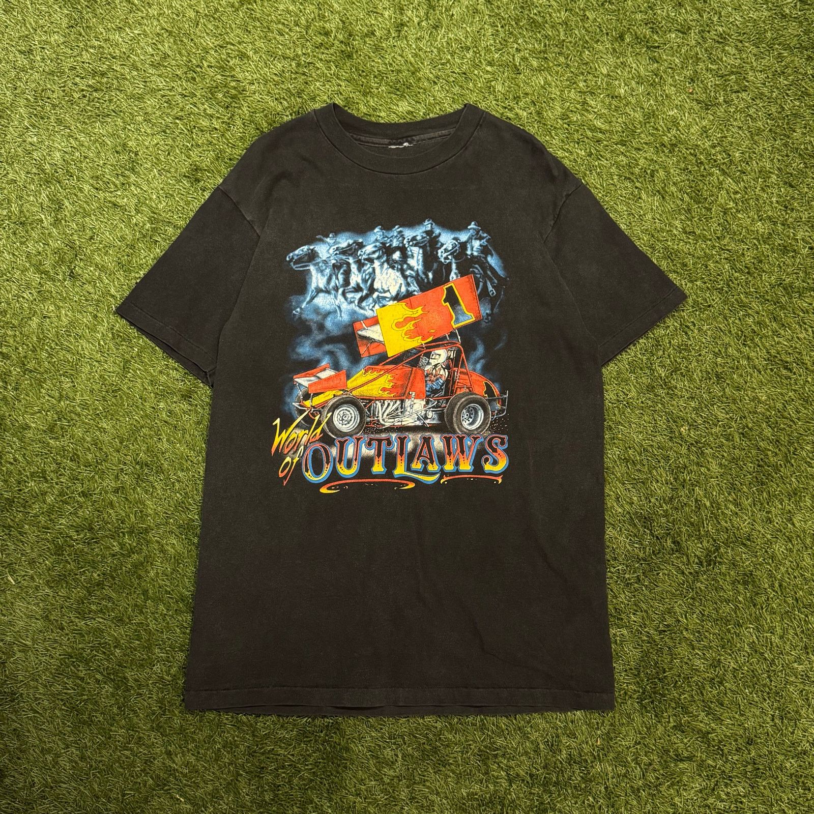 Vintage 1990 Schrum World of Outlaws Graphic Tee Size US L / EU 52-54 / 3 - 1 Thumbnail