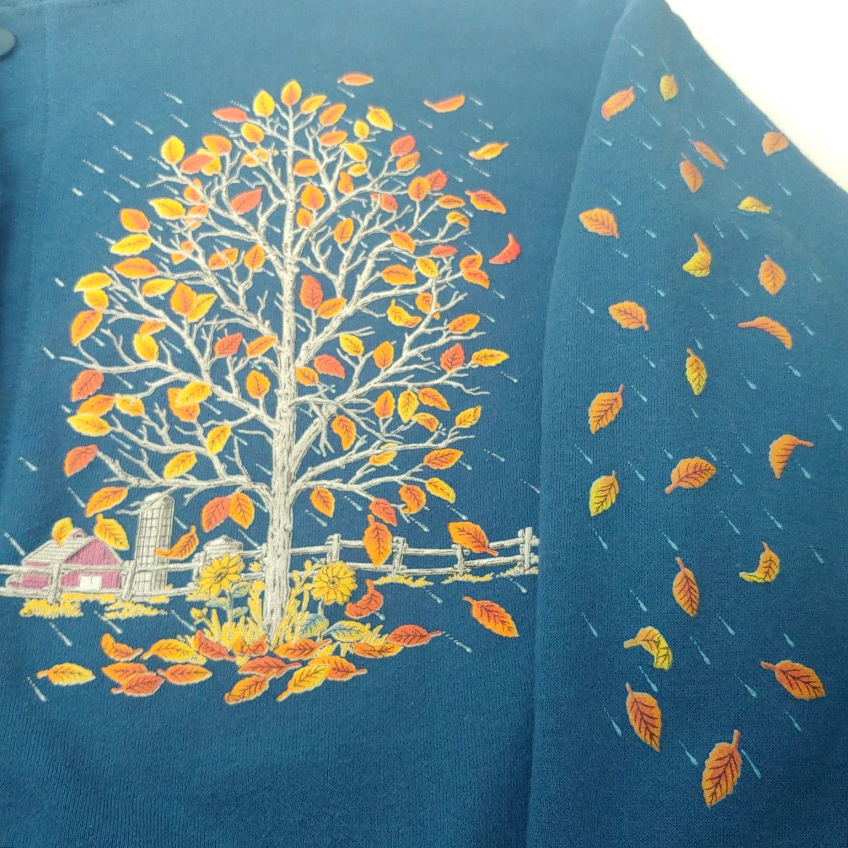 Vintage VINTAGE Morning Sun Cardigan Sweatshirt Large Blue Farm Nature Autumn Leaves Size L / US 10 / IT 46 - 2 Thumbnail