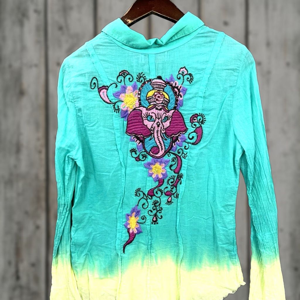 Vintage Love Junkie Blouse Womens Large Ganesha Elephant Ombre Embellished Gauze Long Size L / US 10 / IT 46 - 1 Thumbnail