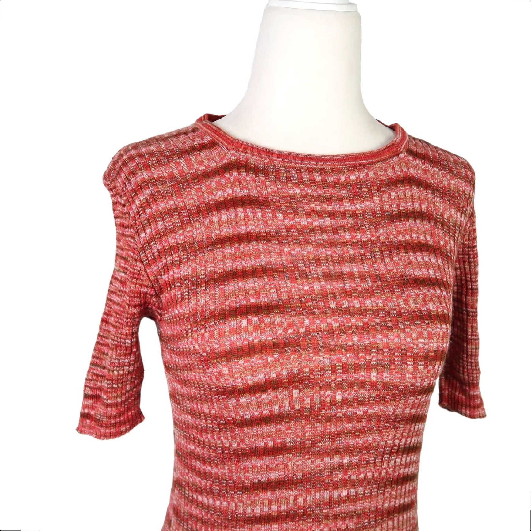 Vintage VINTAGE Elli red and cream marled rib knit short sleeve sweater top L Size L / US 10 / IT 46 - 2 Thumbnail