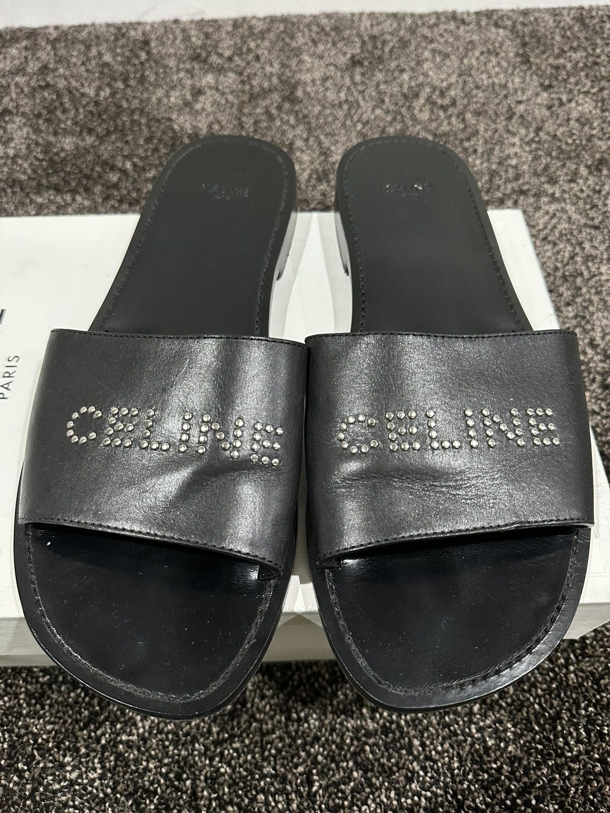 Celine × Hedi Slimane Celine x Hedi Slimane Studded Logo Black Leather Sandal Size US 9 / EU 42 - 6 Thumbnail