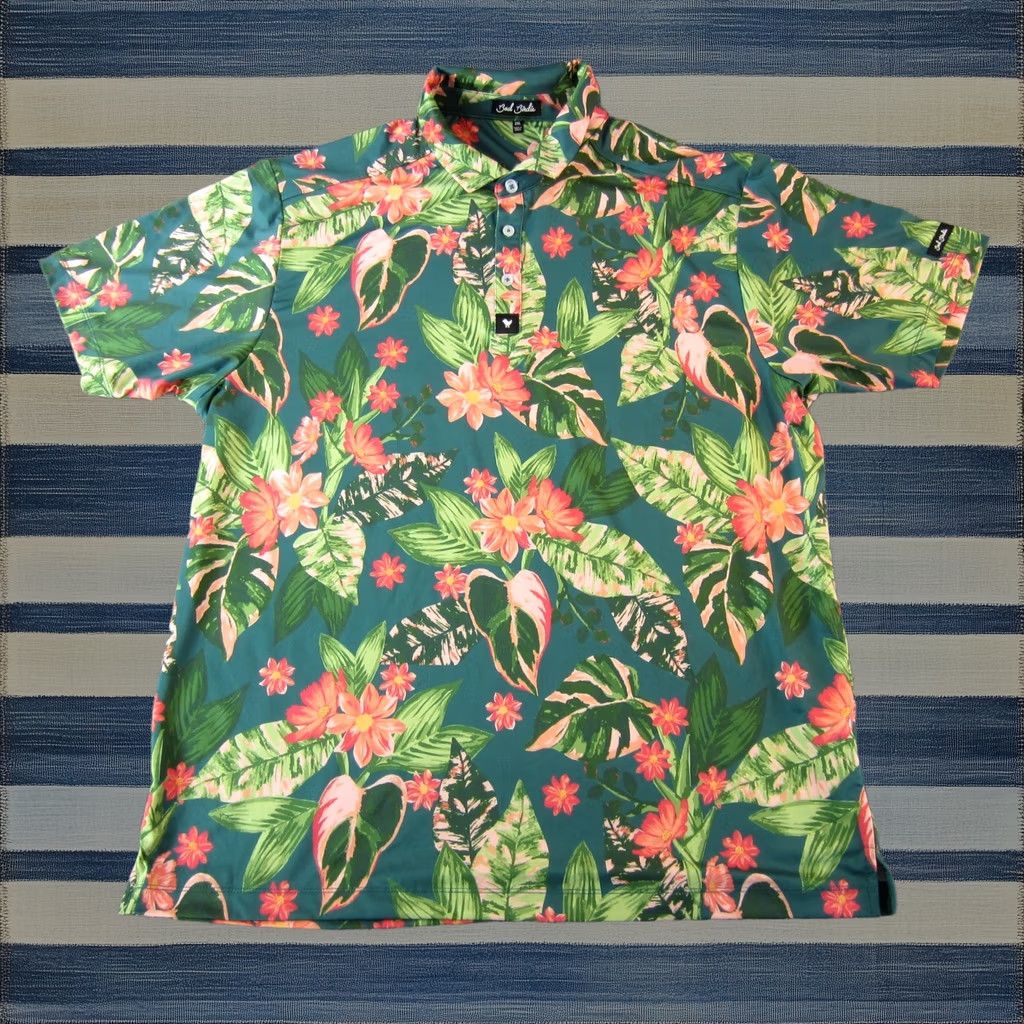 Bad Birdie Polo Shirt Mens 2XL Green Pink Floral Hawaiian Golf Print Regular, Men's (Size Xxl)