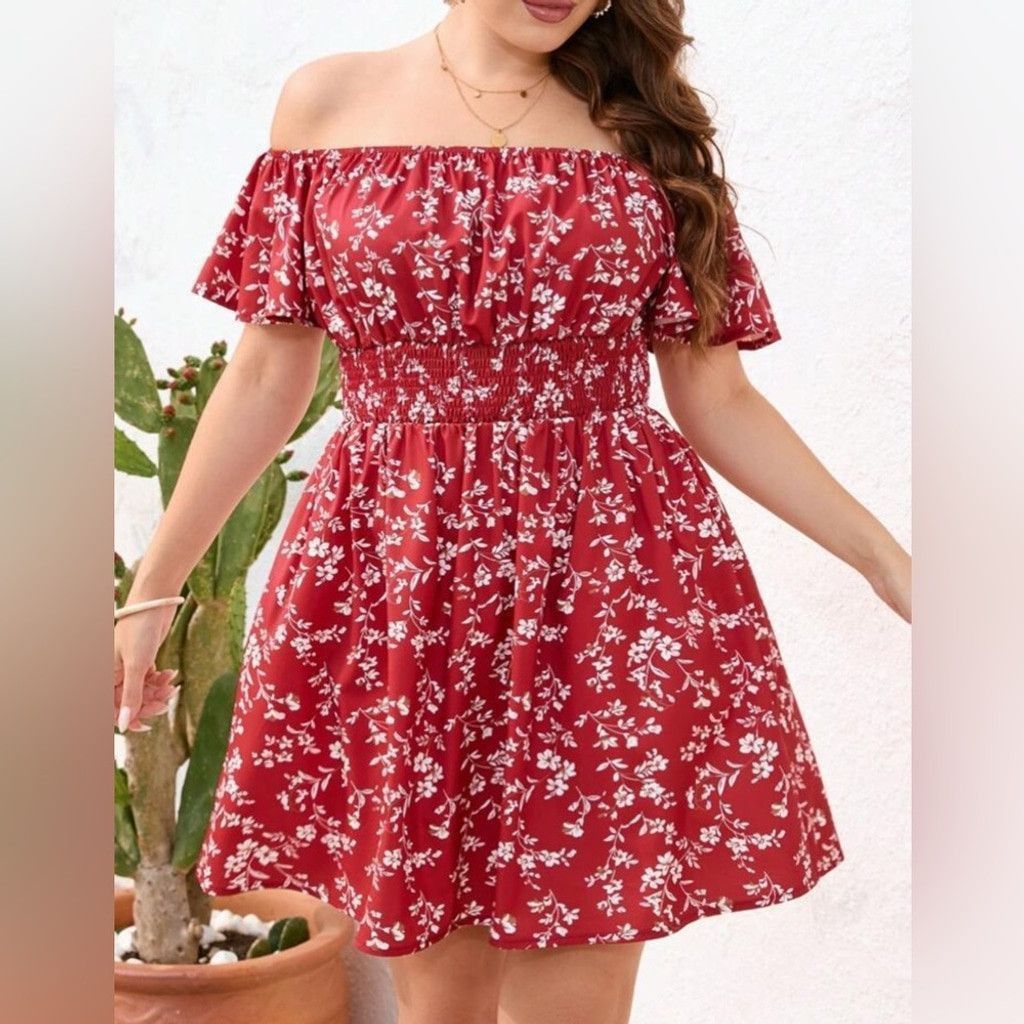 The Unbranded Brand Red and White Off-Shoulder Flutter Sleeve Strapless Dress Size L / US 10 / IT 46 - 3 Thumbnail