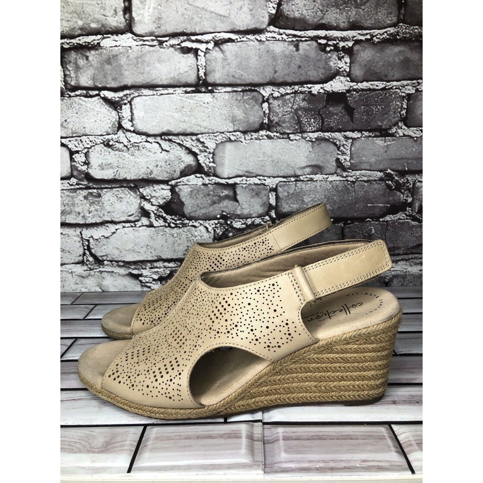 Clarks Clarks Beige Leather Perforated Strap Espadrilles Wedge Sand Size US 8.5 / IT 38.5 - 6 Thumbnail