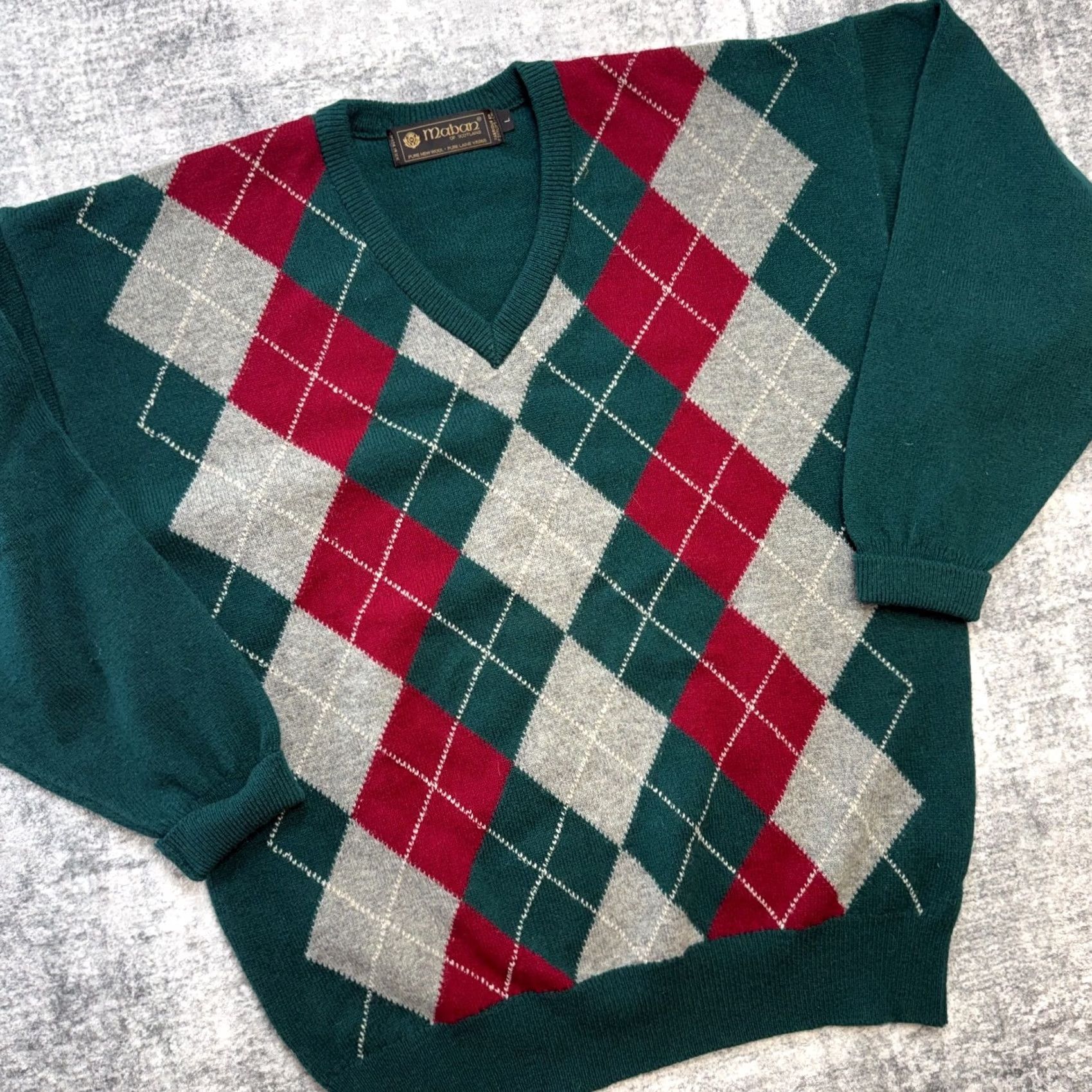 Vintage VTG Maban of Scotland Sweater Men L Green Argyle Diamond Wool Golf Old Money Knit Pullover V-Neck Regular Knit Wool Size US L / EU 52-54 / 3 - 2 Thumbnail