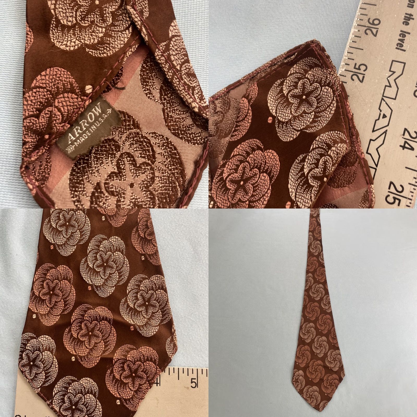 Arrow VINTAGE Arrow Tie Brown Silk Woven Floral MCM Wide Kipper Rockabilly 40s Vtg 4.5x51 Size ONE SIZE - 8 Thumbnail