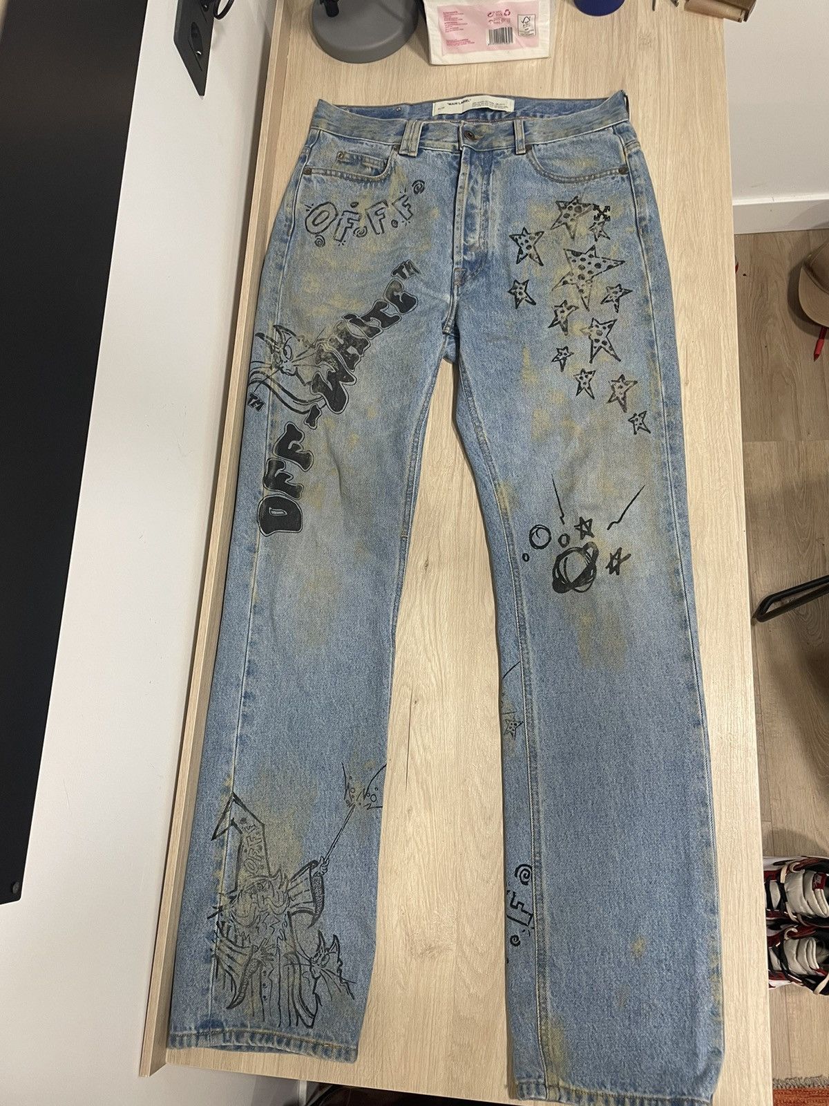 image of Off White x Virgil Abloh Off-White Bleached Graffiti Jeans in Blue, Men's (Size 31)