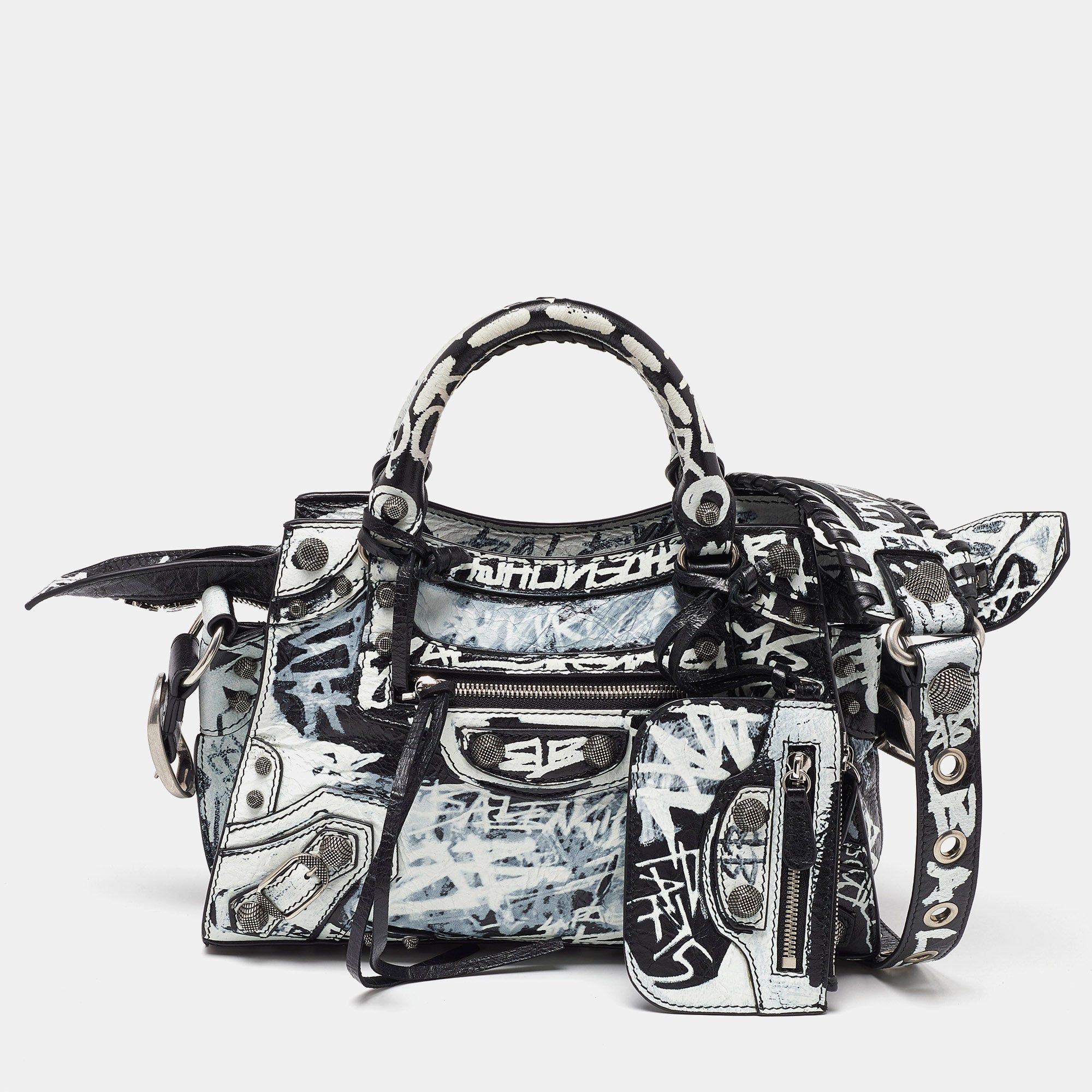 image of Balenciaga Black/white Graffiti Leather Xs Neo Cagole City Bag, Women's