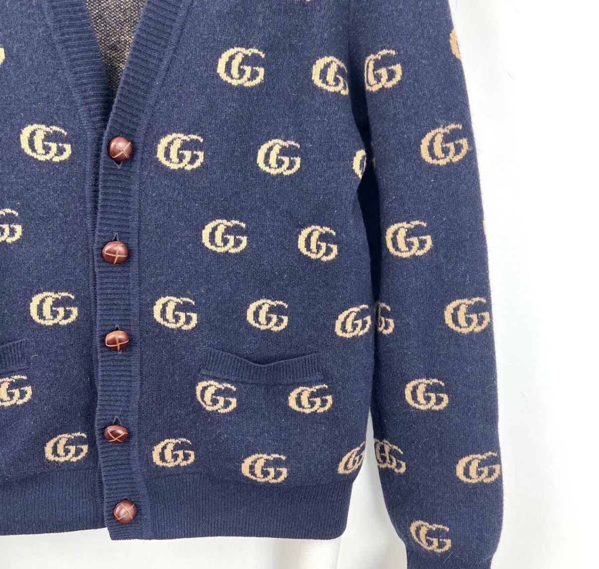 Gucci Gucci/Navy Blue Double G Monogram Jacquard Knit Cardigan K12 Size US S / EU 44-46 / 1 - 4 Thumbnail