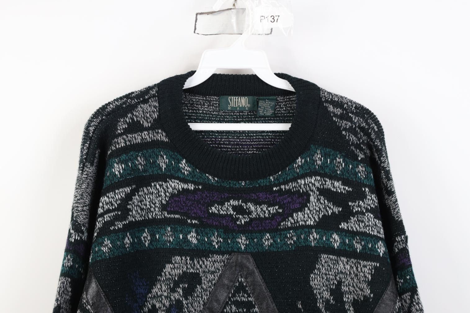 Vintage Vintage 90s Streetwear Leather Trim Knit Crewneck Sweater Size US L / EU 52-54 / 3 - 2 Thumbnail