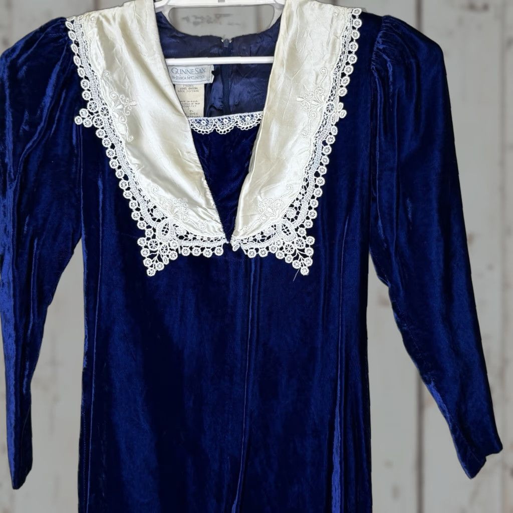 VINTAGE Gunne Sax by Jessica McClintock Velvet Midi Mermaid Dress Womens Sz S/M 3/4 Sleeve Blue