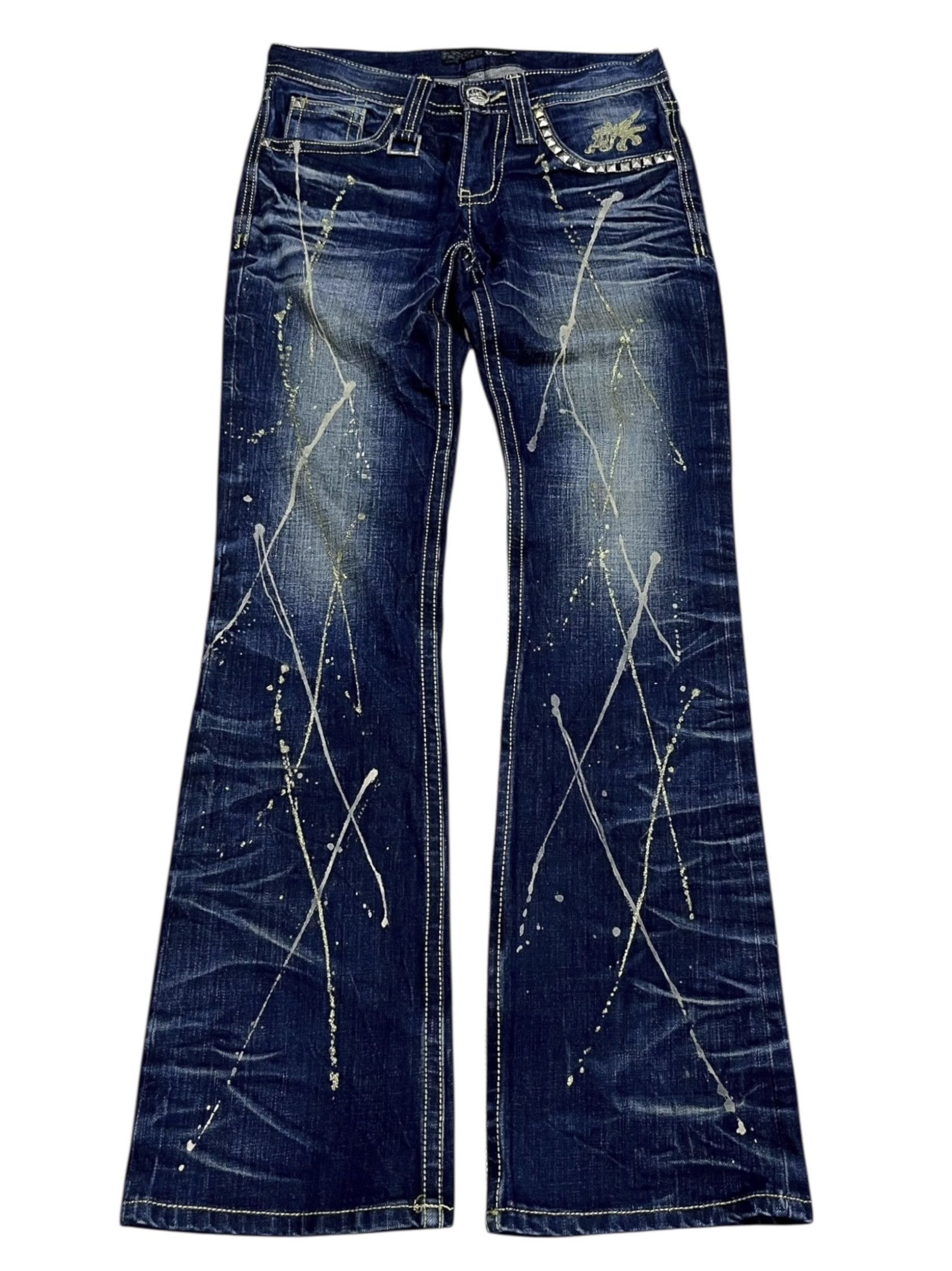 Japanese Brand 🔥RARE XFRM Gold Splatter Studded Flare Rockstar Denim Size US 27 - 2 Thumbnail