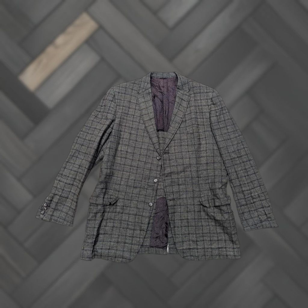 Vintage VINTAGE Shelton Towne Clothes blazer sport coat Tweed wool gray-green 44L Ivy League slim notched lapel two-button herringbone jacket Mens Size 44R - 1 Thumbnail