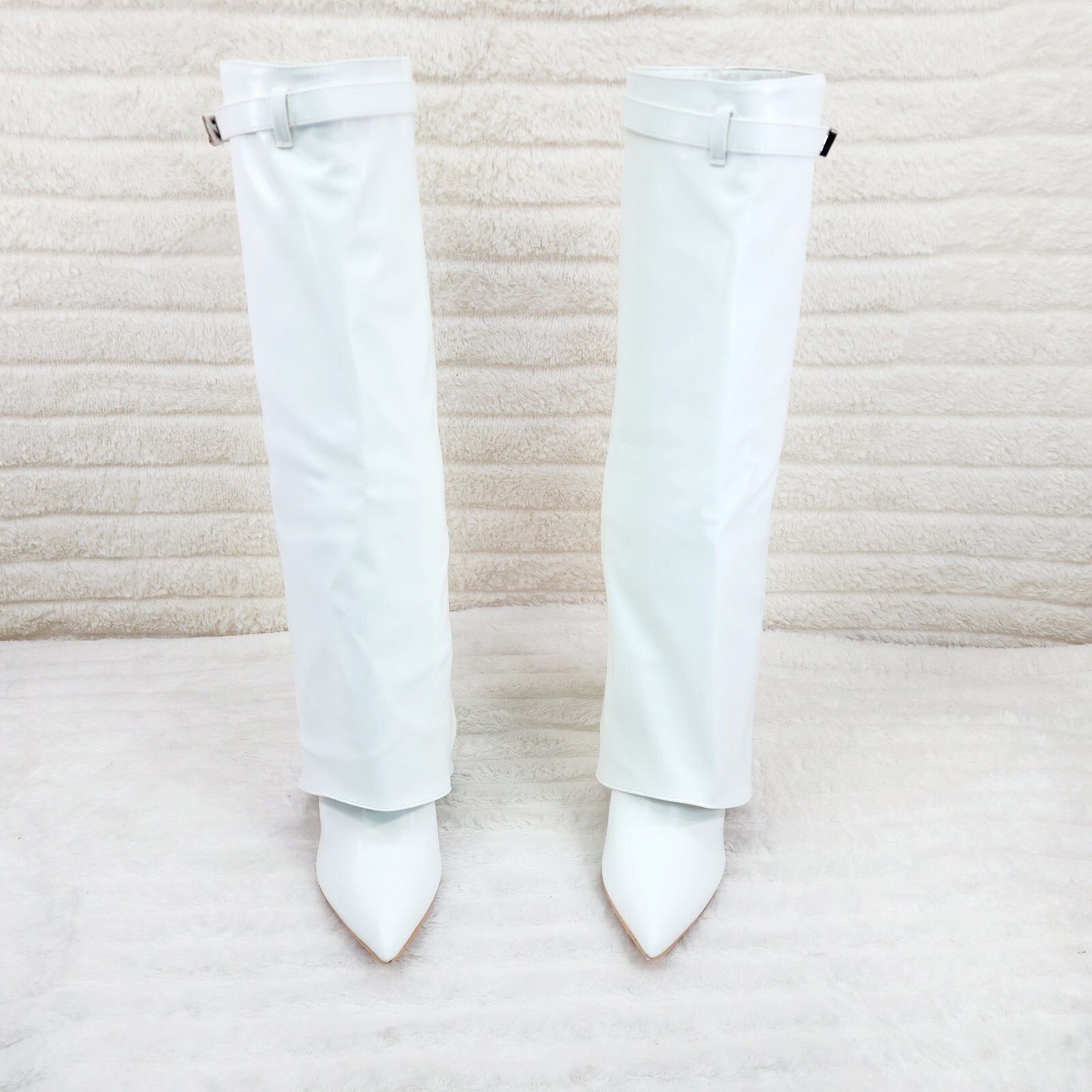 Other Paris White Skirted Fold Over 3.5" Block Heel Knee High Boot Size US 7.5 / IT 37.5 - 5 Thumbnail