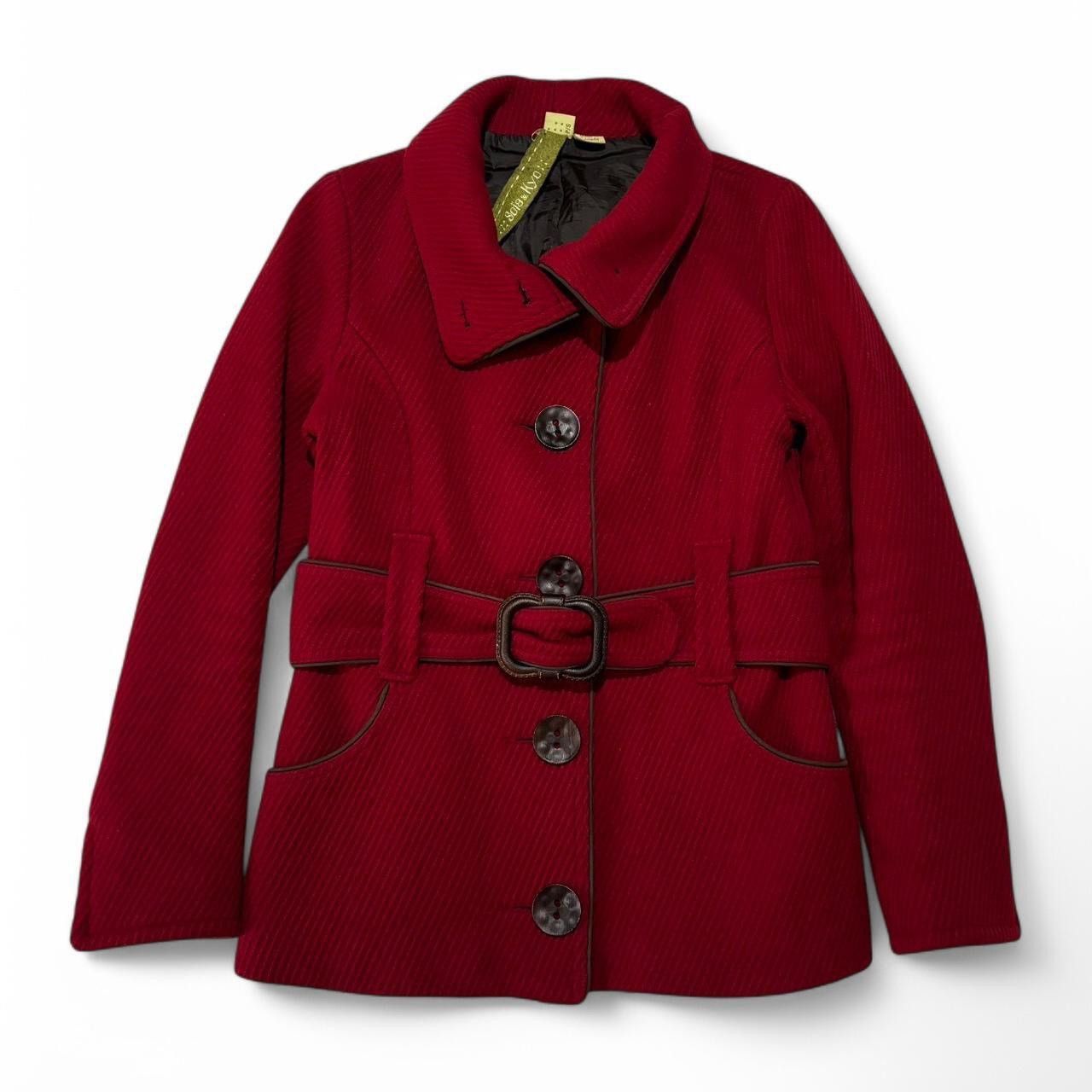Designer × Soia & Kyo Vintage Red Wool Big Belt Mid Length Jacket Size S / US 4 / IT 40 - 1 Thumbnail