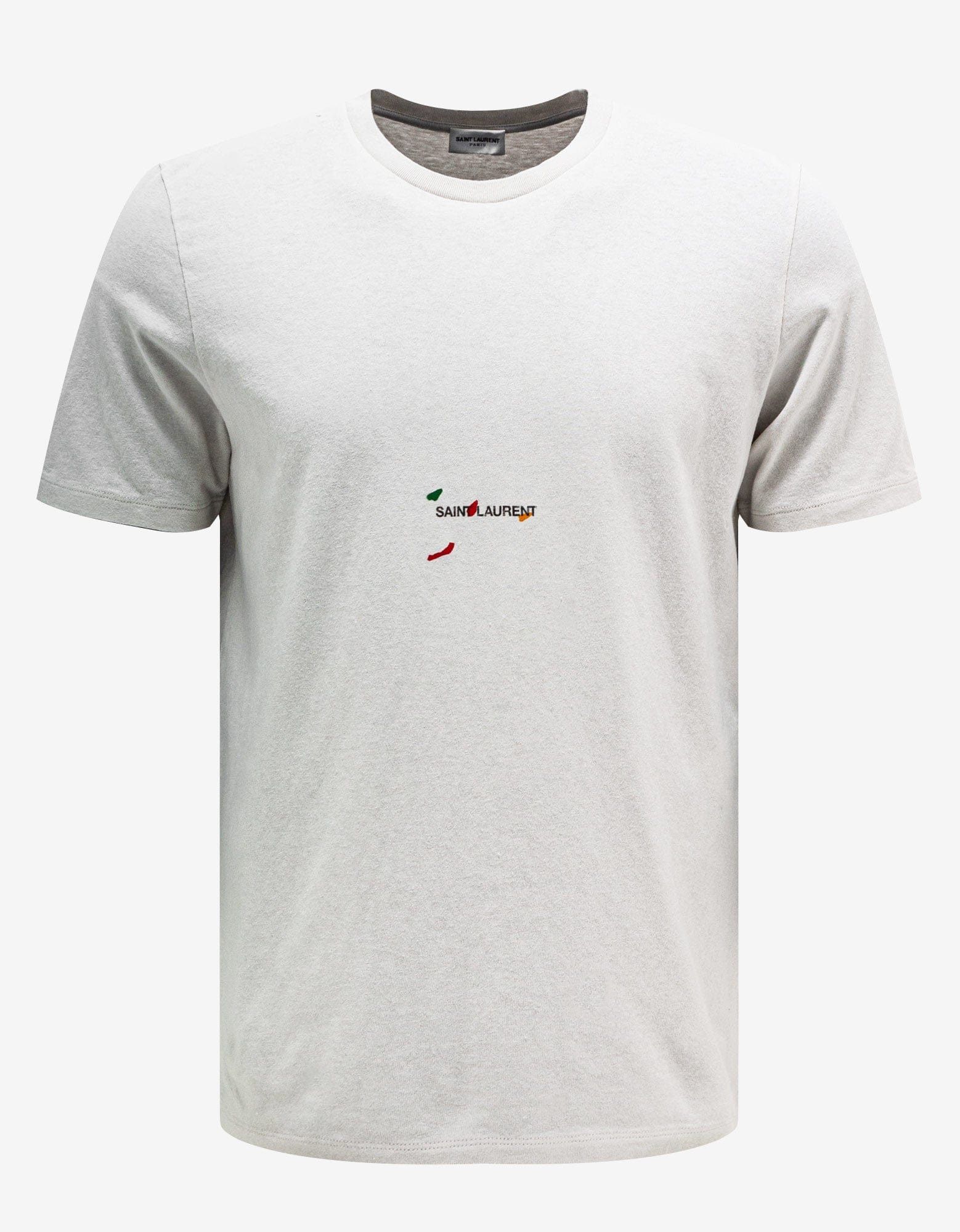 image of Saint Laurent Paris Bruno V. Roels Paint Logo Rive Gauche T-Shirt Regular Price in White (Size XL)