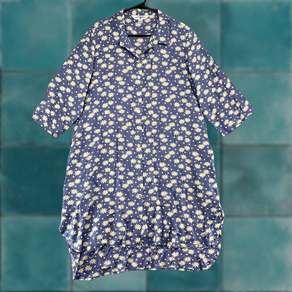 Vintage April Cornell Shirt Dress Womens XL Blue Daisy Floral Button Midi Rayon Casual Size XL / US 12-14 / IT 48-50 - 1 Thumbnail