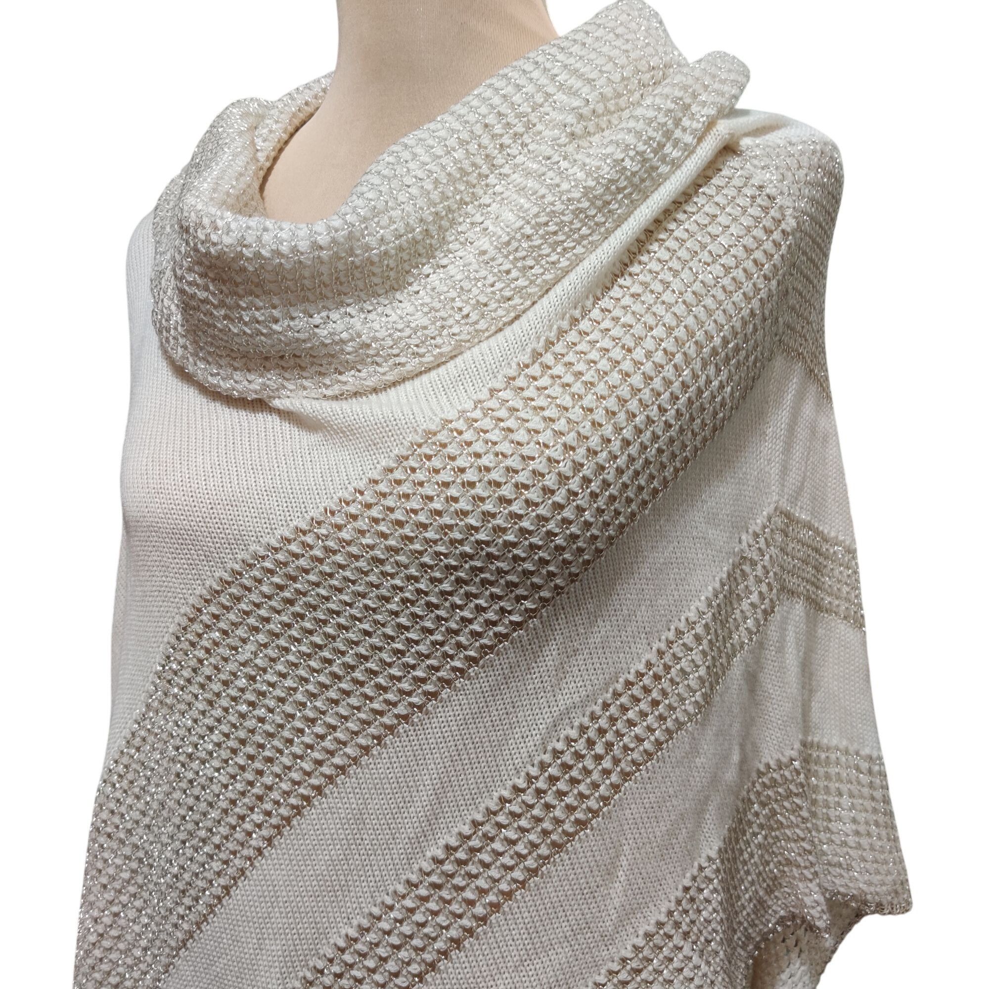 Other Belldini S M Ivory Metallic Knit Asymmetrical Poncho Sweater Size S / US 4 / IT 40 - 3 Thumbnail
