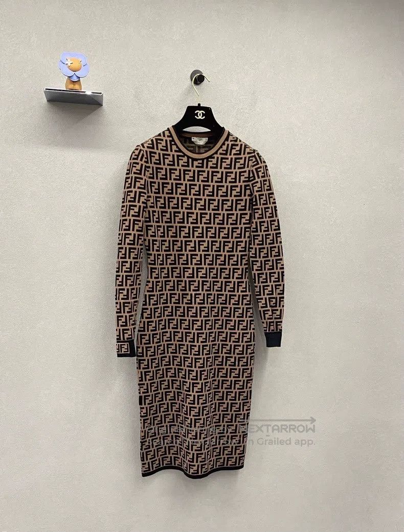 Fendi Fendi Brown Monogrammed Knitted Long Sleeve Bodycon Dress Size XS / US 0-2 / IT 36-38 - 3 Thumbnail