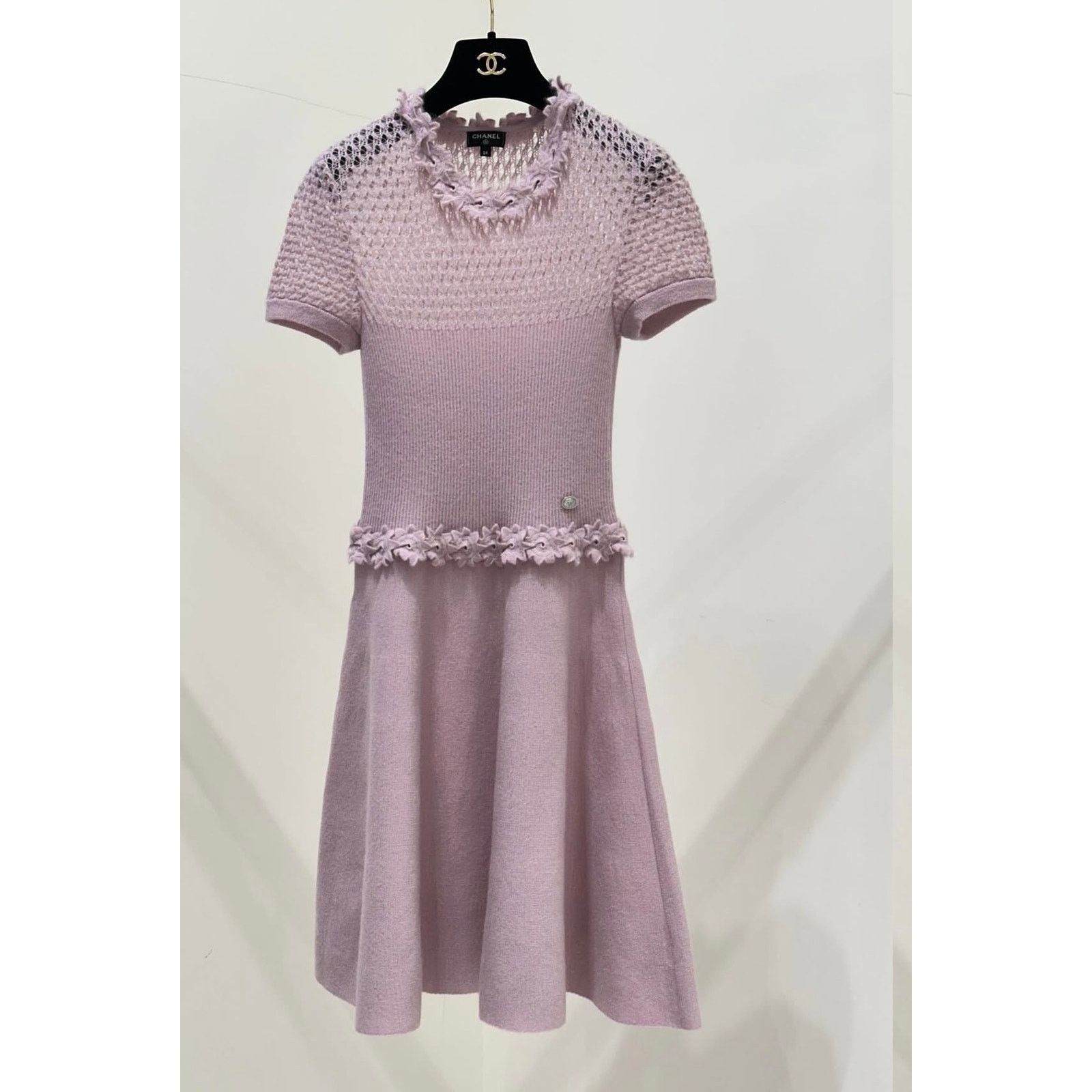 Chanel 17A Pink Flower Trim Embroidery Knit Dress Sz.34