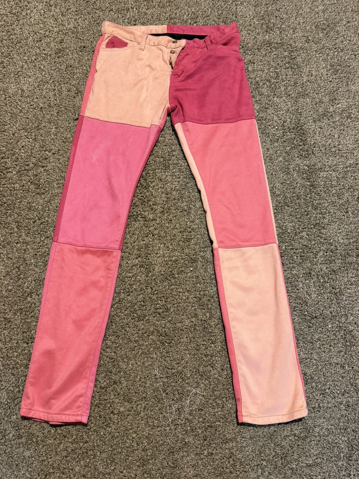 MNML Pink Patchwork Faux Suede Slim Pants Size US 33 - 1 Thumbnail