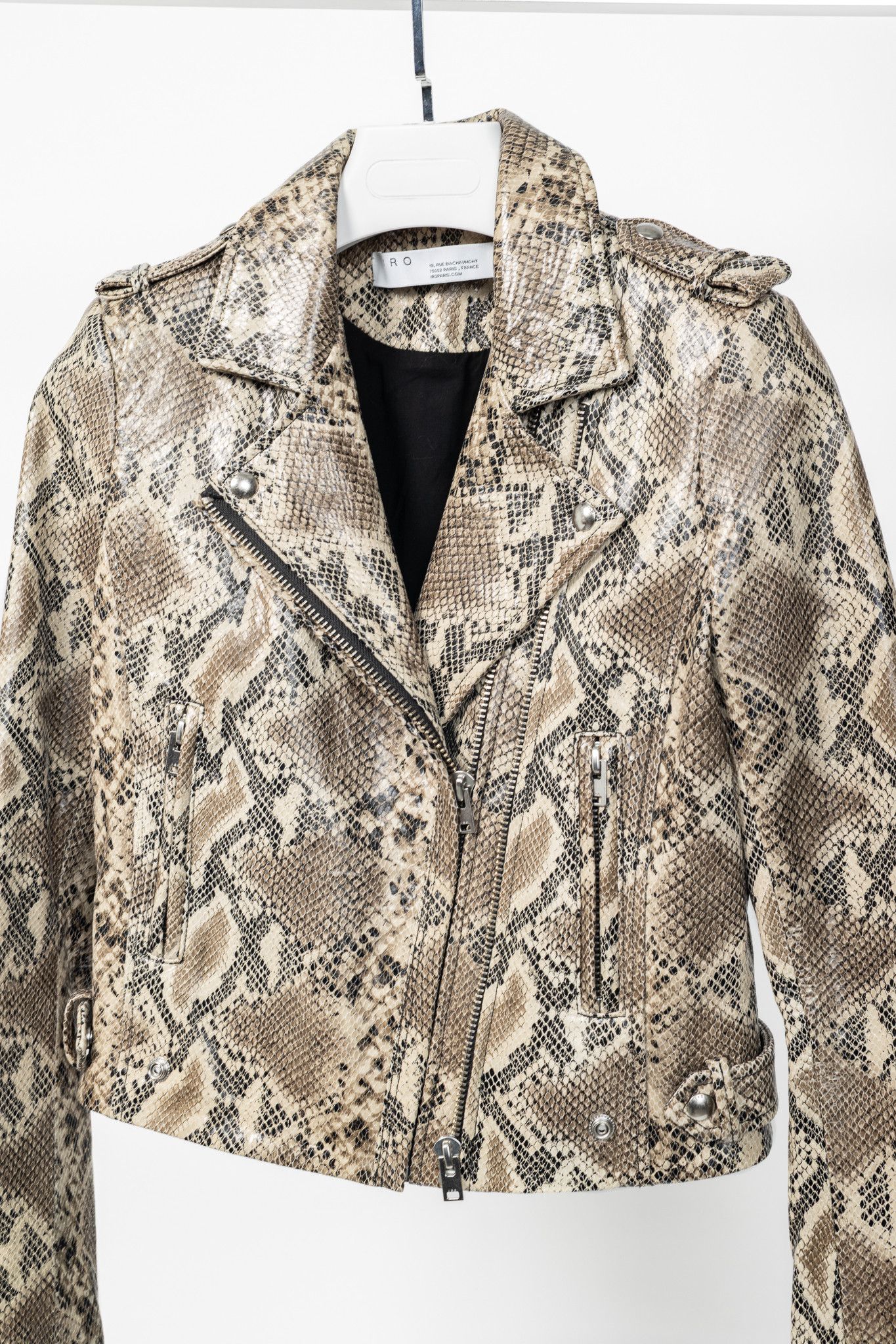 Iro IRO Luiga Beige Snake-Effect Lamb-Leather Moto Jacket Size XL / US 12-14 / IT 48-50 - 3 Thumbnail