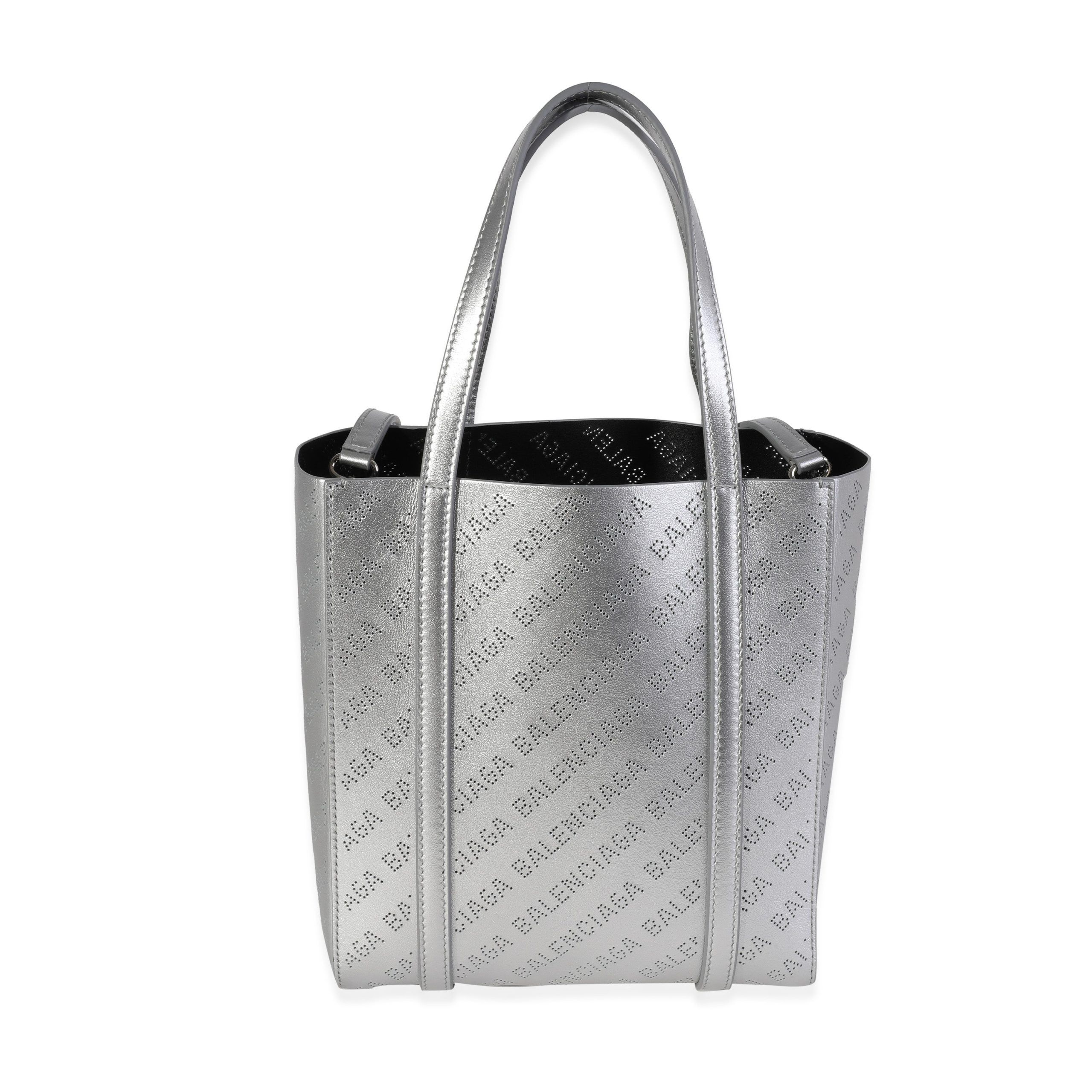 Balenciaga New Silver Calfskin Logo Perforated XXS Everyday Tote
