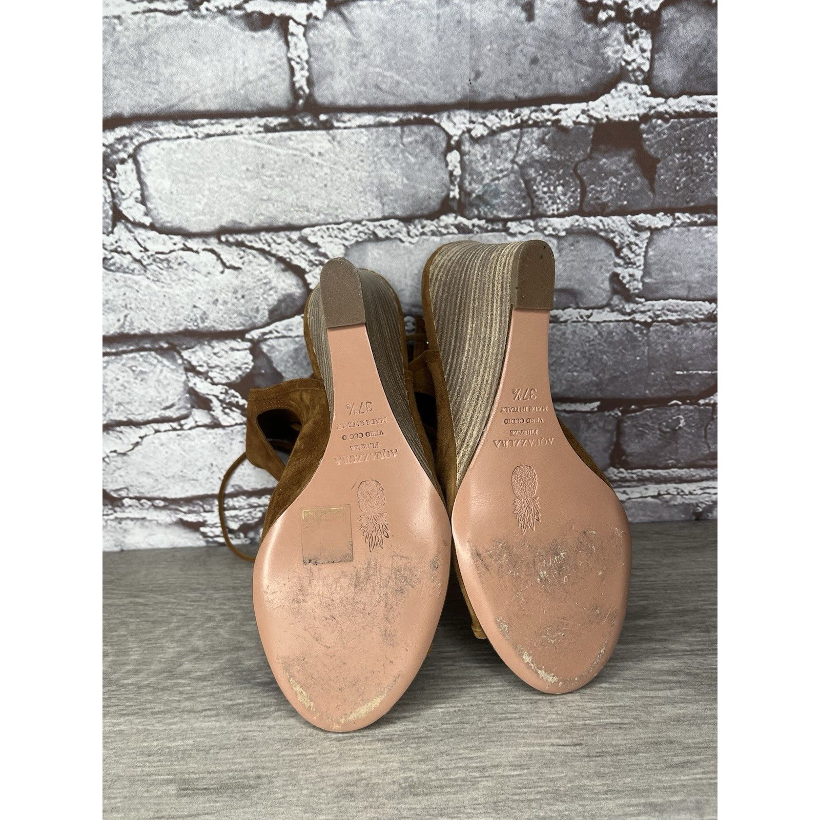 Aquazzura Aquazzura Sexy Thing Camel Ankle Open Toe Lace Up Suede Wedg Size US 7 / IT 37 - 10 Thumbnail