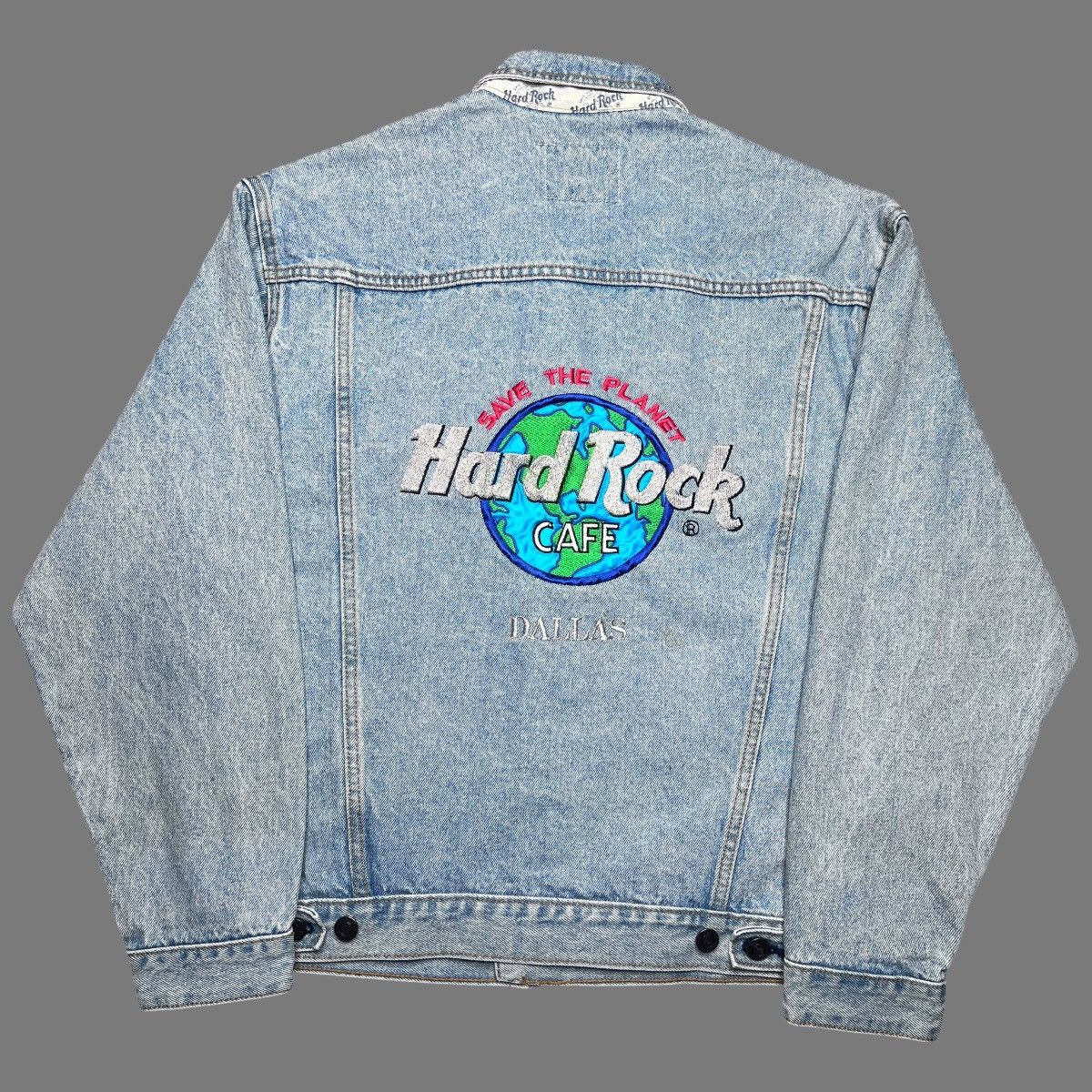 Hard Rock Cafe × Vintage Vtg 1990s Hard Rock Cafe Save The Planet Dallas Denim Jacket Size US S / EU 44-46 / 1 - 1 Thumbnail