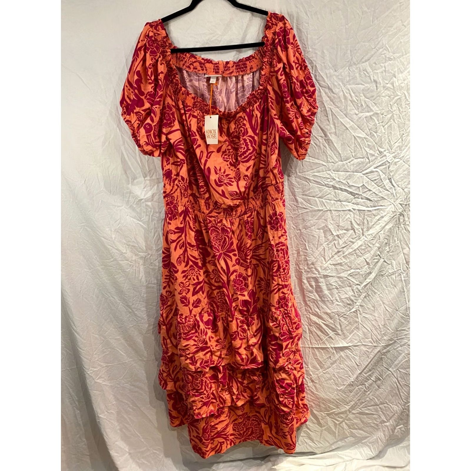 Vintage Knox Rose Dress Womens Maxi Floral Pink 2X Puff Sleeve Smocked Ruffle Layered Bohemian 90s Theme CV Size XXL / US 16-18 / IT 52-54 - 2 Thumbnail