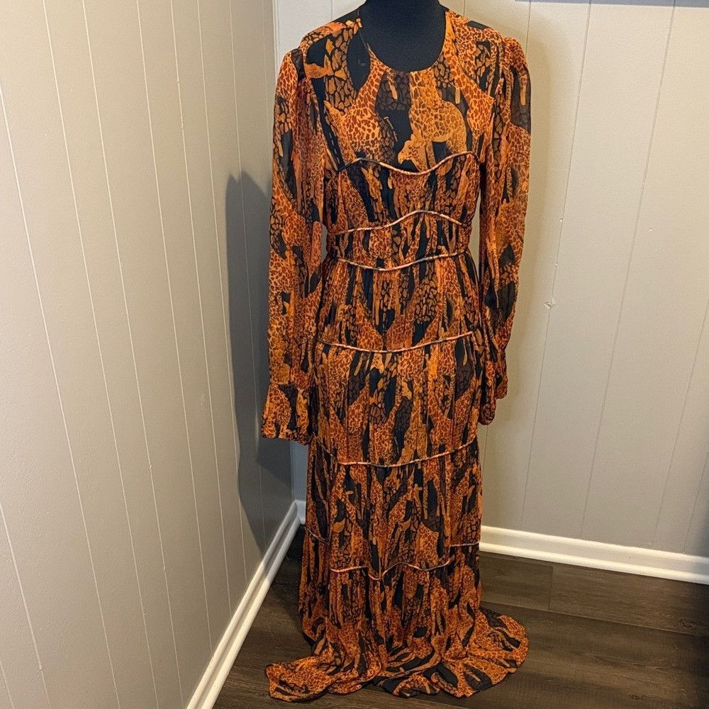 Farm Rio FARM Rio Women’s Small Orange and Black Long Sleeve Maxi Dr Size S / US 4 / IT 40 - 3 Thumbnail