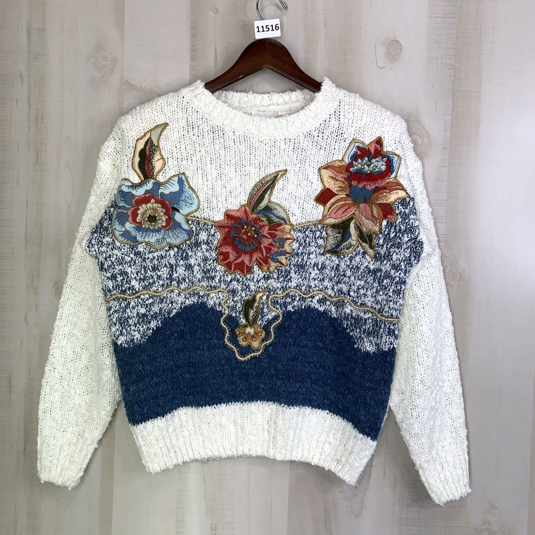 Vintage VINTAGE 80s Knotty Knit Floral Beaded Grandma Style Sweater Womens M Ivory Green Needles & Yarn Knitwear Cardigan Size M / US 6-8 / IT 42-44 - 2 Thumbnail