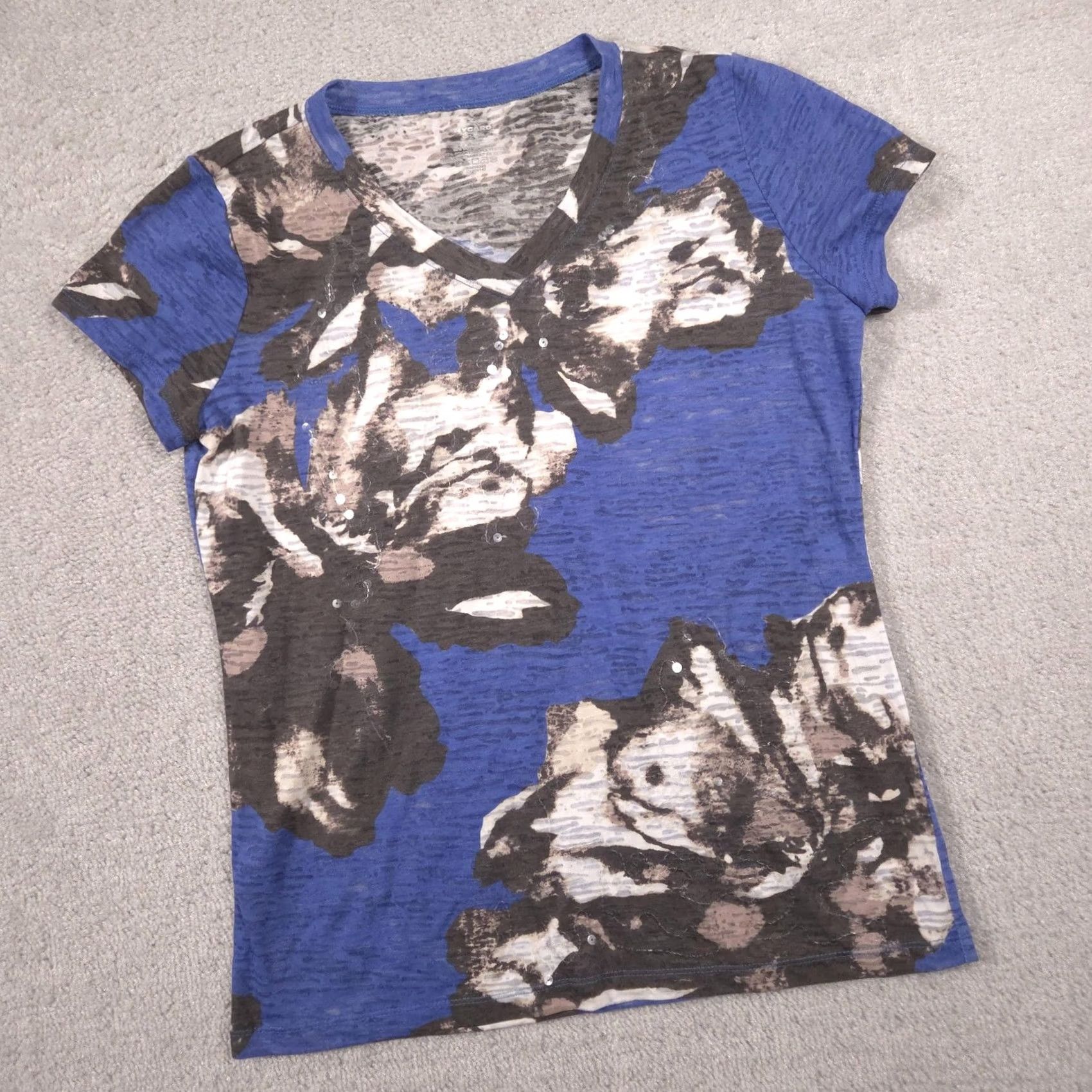 Vintage Nygard Shirt Womens S Blue Floral Sequin V Neck Short Sleeve Burnout Top Size S / US 4 / IT 40 - 3 Thumbnail