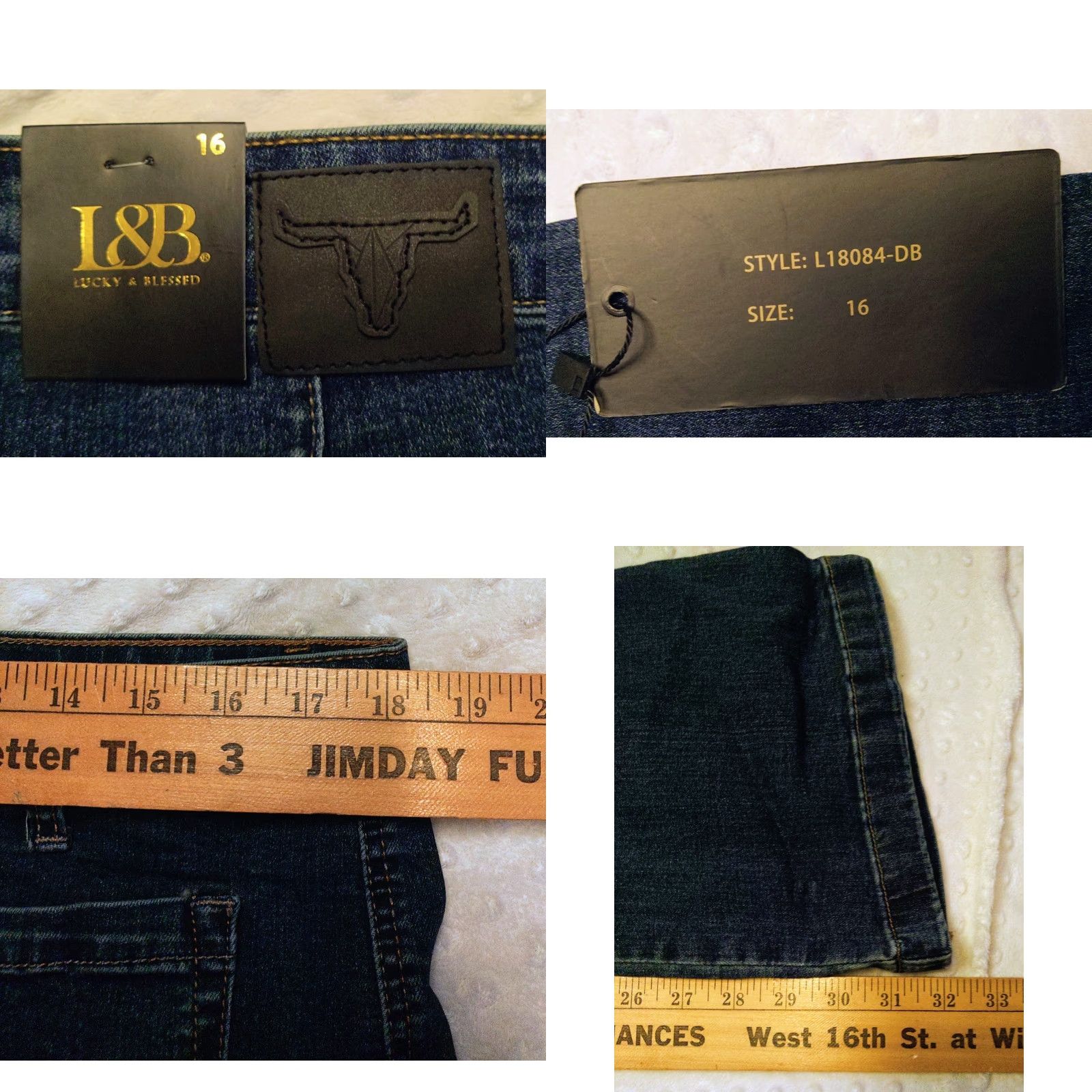 Denime L&B Lucky & Blessed Jeans Bootcut Womens 16 Blue Denim 36x32 M/L Regular Plus Western USA Distressed Pockets 5-Pocket Subtle Stretch NWT Size 38" / US 16 / IT 52 - 8 Thumbnail