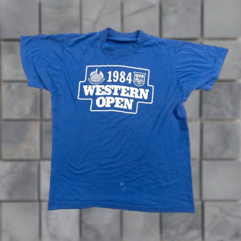 VINTAGE WGA Shirt Mens Small Blue 80s Western Open Golf T-Shirt Crewneck Cotton Polyester Logo Print Mens